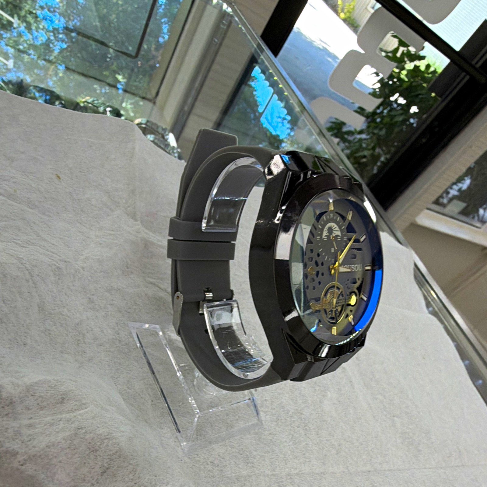 Jiusou Mechanical Automatic Skeleton Dial Analog Watch Black Case Gray Strap