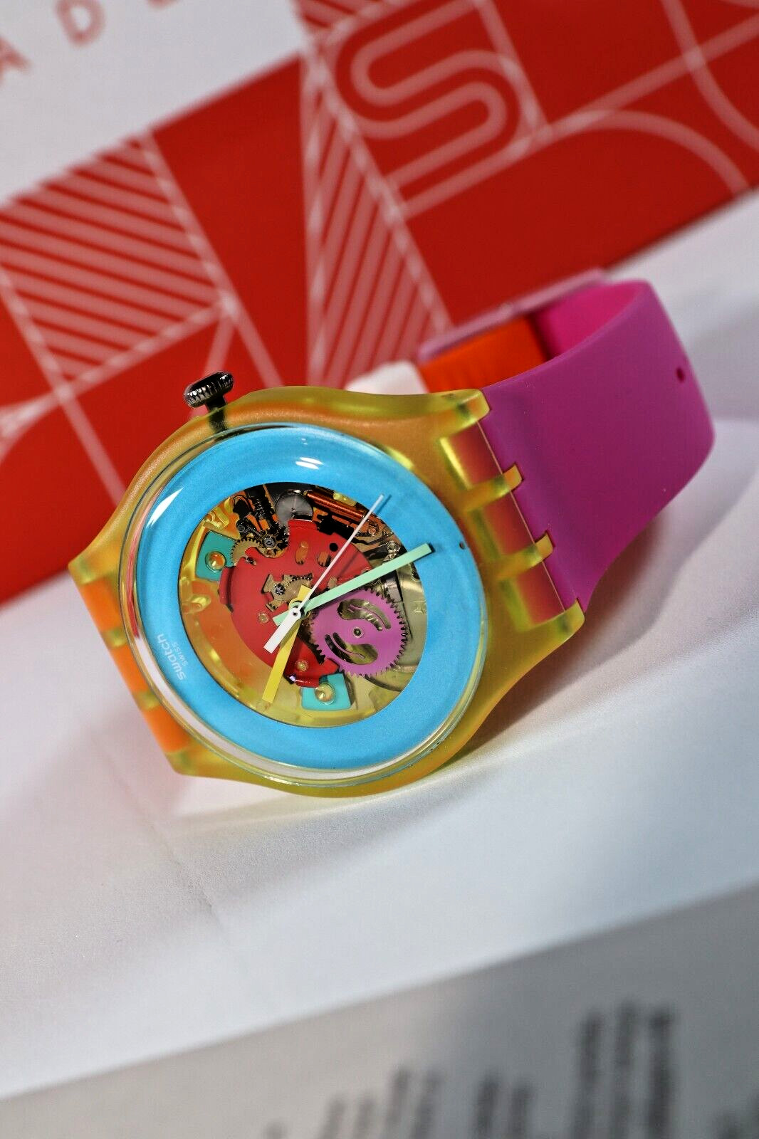 NEW Swiss Swatch Color Palette SUOJ101 Skeleton 41mm Orange Pink Silicone Watch