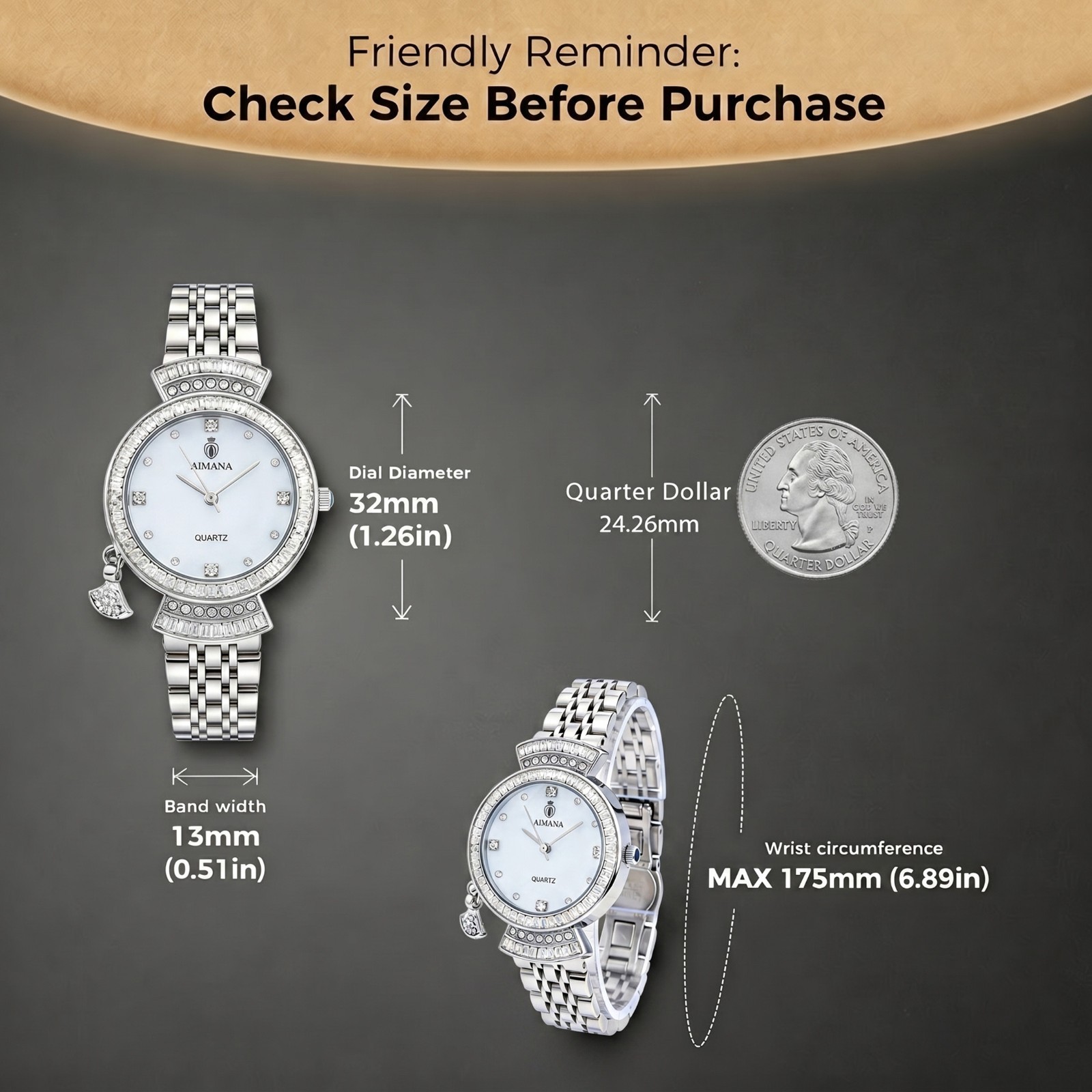 VORSEL Luxury Women’s Silver Bracelet Watch Round Rhinestone Holiday Gift