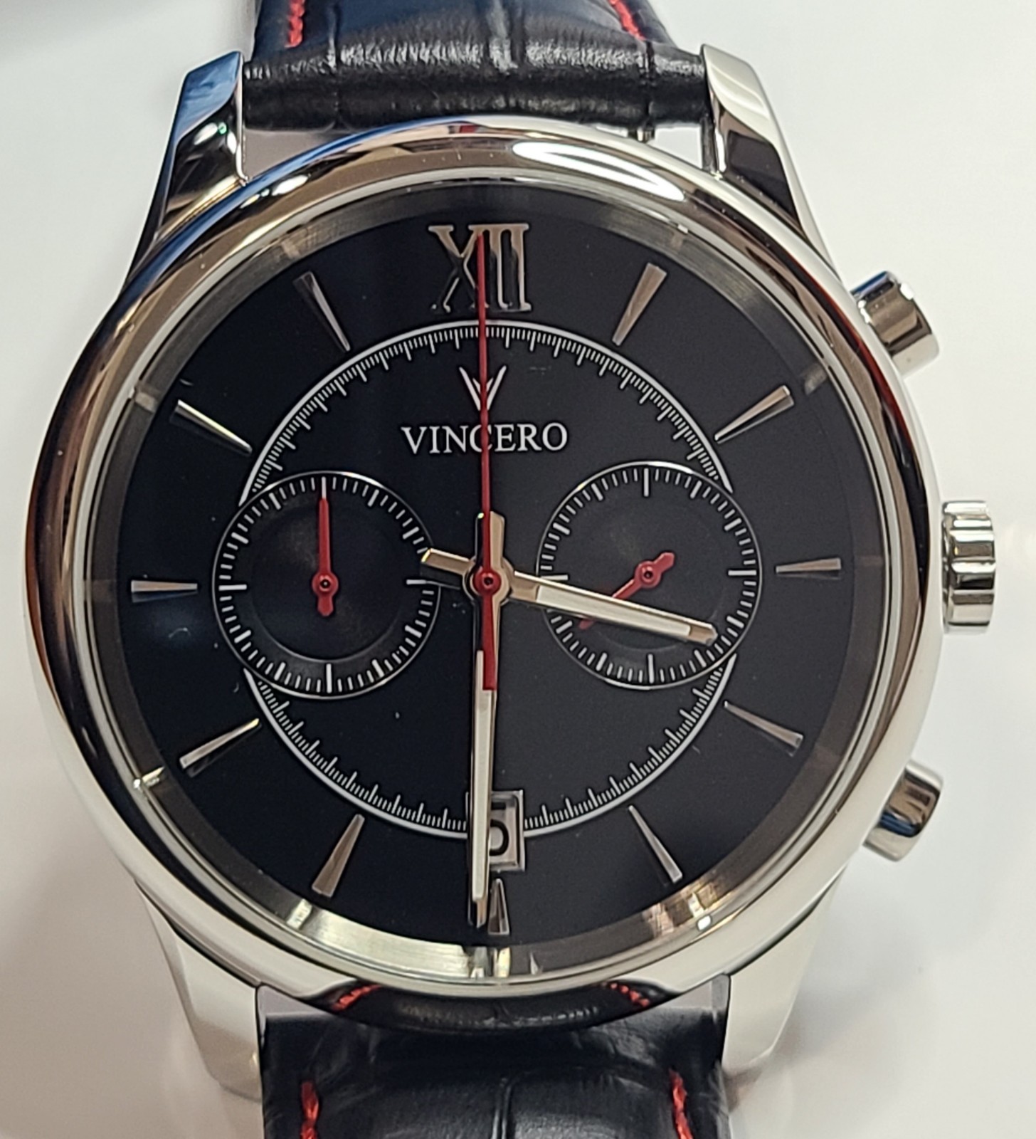 Vincero Bellwether Blk/Red Chrono 44mm Mecha-Quartz Date Blk Leather Strap