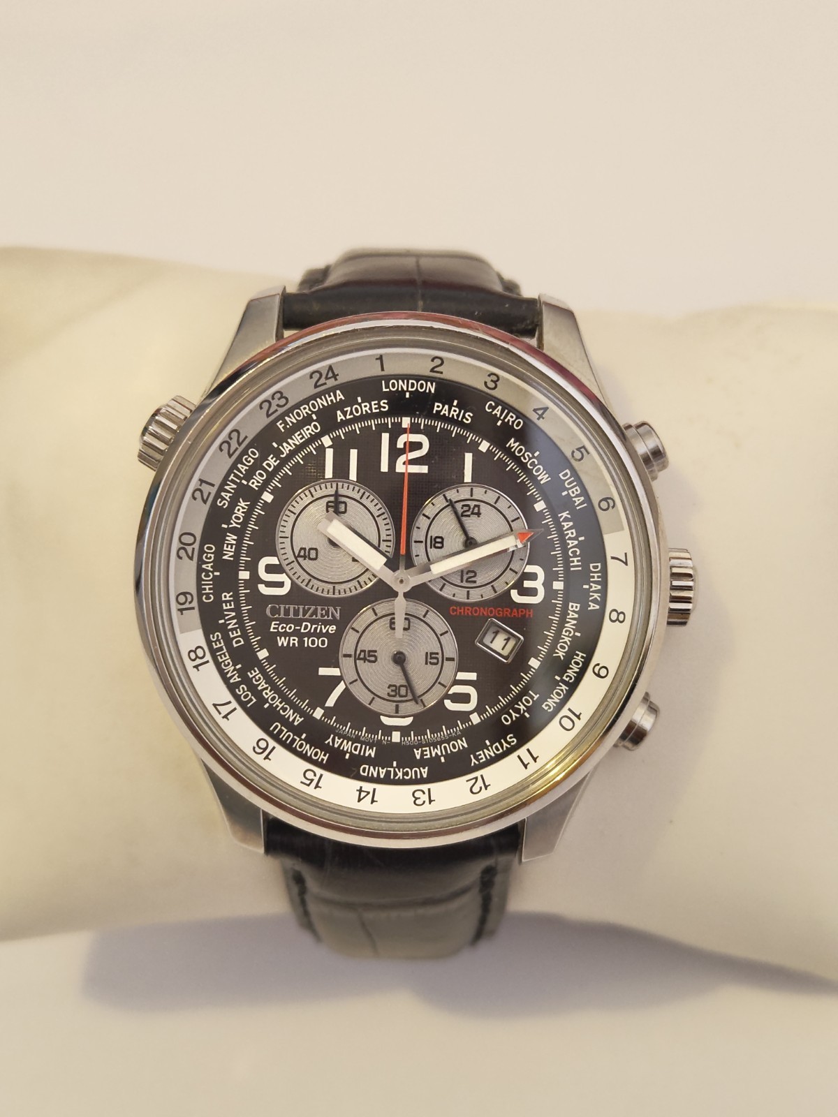 Citizen Men’s Eco Drive World Time Chronograph B.Leather Strap Watch AT0361-06E