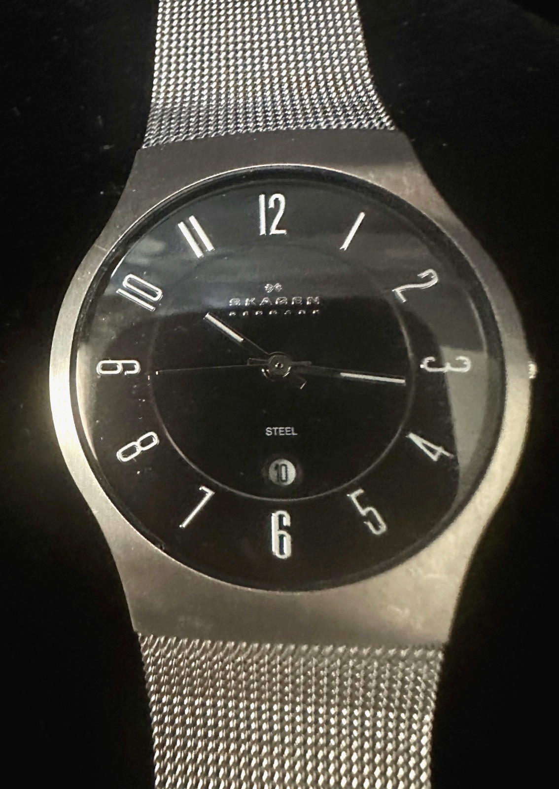 SKAGEN Stainless WATCH w/BLACK Face DATE Second Hand QUARTZ Movement