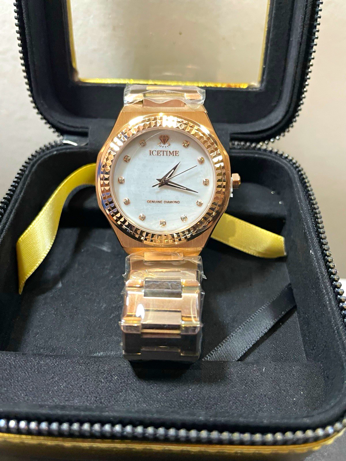 ICETIME Genuine Diamond Quartz Analog Watch Diamond Markers White Dial Box