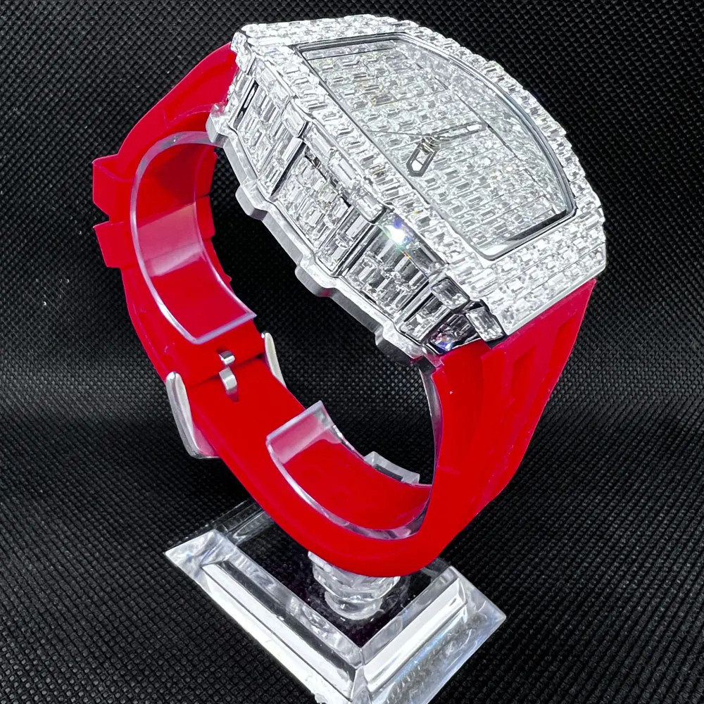 Fashion Tonneau Diamond Bling Men’s Watch Waterproof Rubber Band Gift