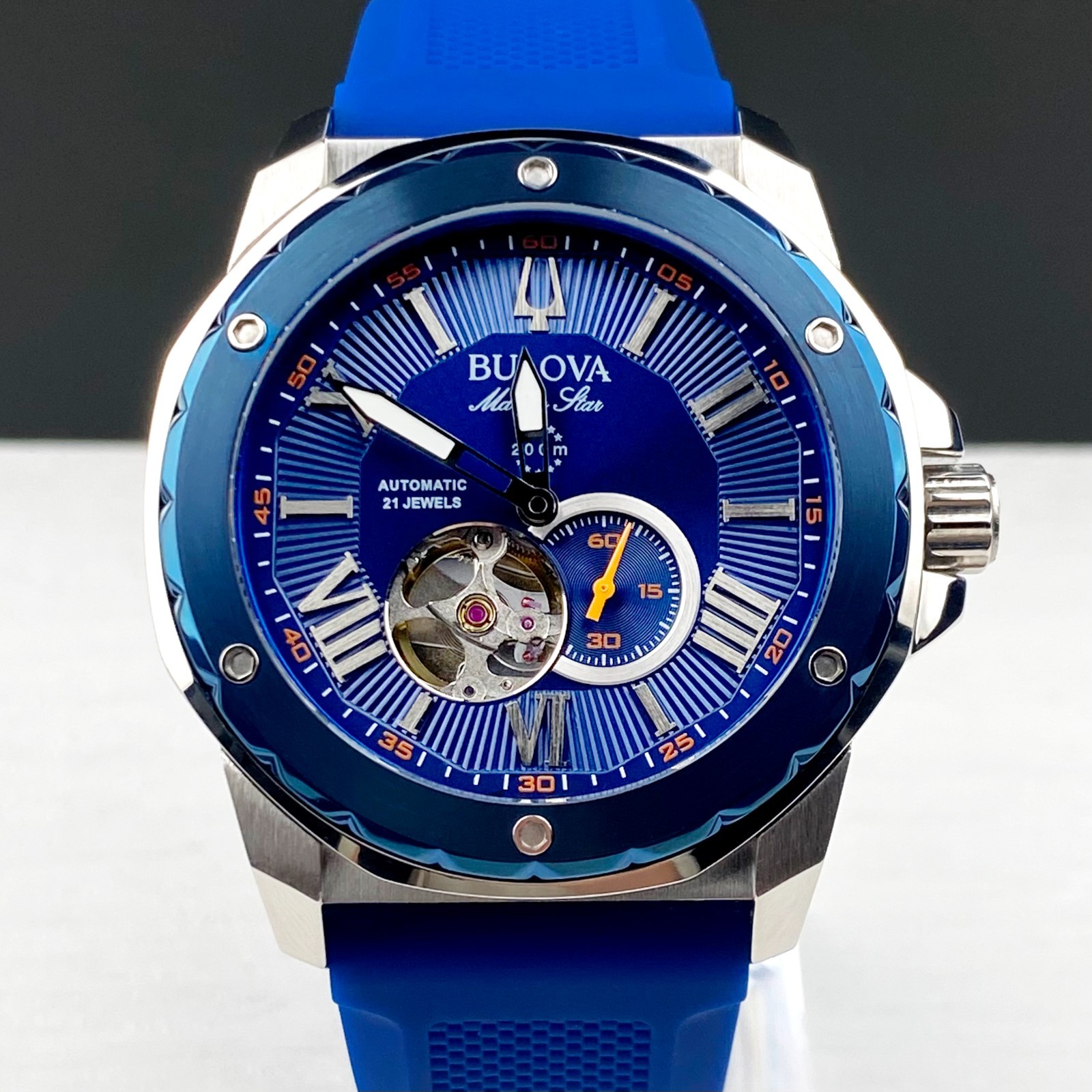 Bulova Marine Star 98A303 Men’s Watch 45MM Blue Dial Blue Rubber Strap Automatic