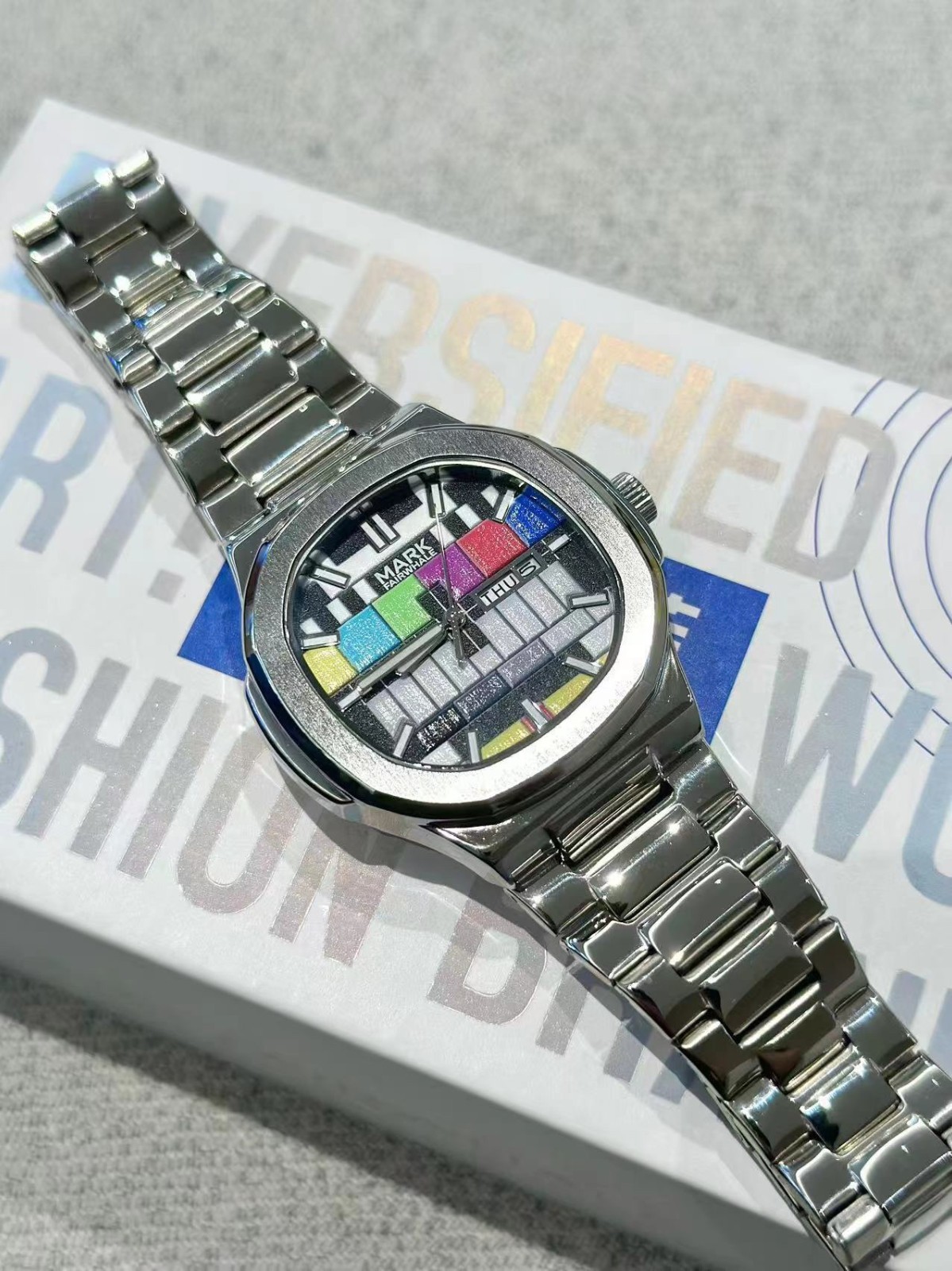 Mark Fairwhale Men Square TV Test Chart/Pattern Date/Week Calendar Quartz Watch