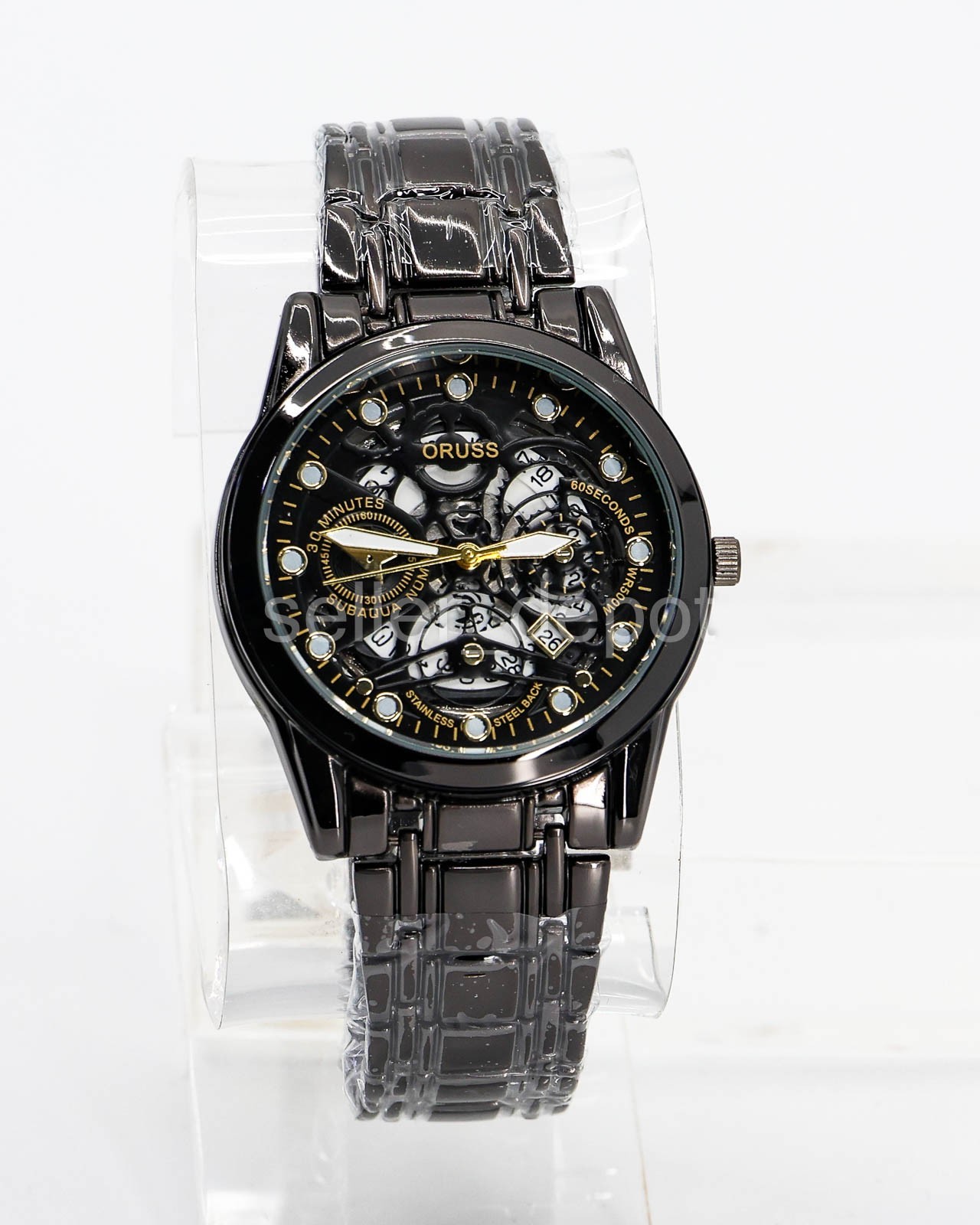 NEW Oruss 1853 TQ21 Black Alloy Round Dial Openwork Quartz Watch w box & tool