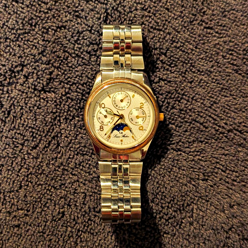 *PARTS* Louis Arden Superior Quartz Watch Moon Phase Day Date Month Two-Tone