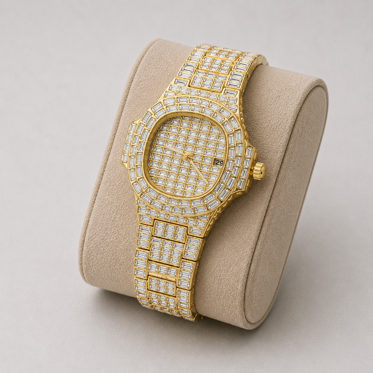 Mens Iced Out Watch Gold Baguette Crystal Hip Hop Date Quartz