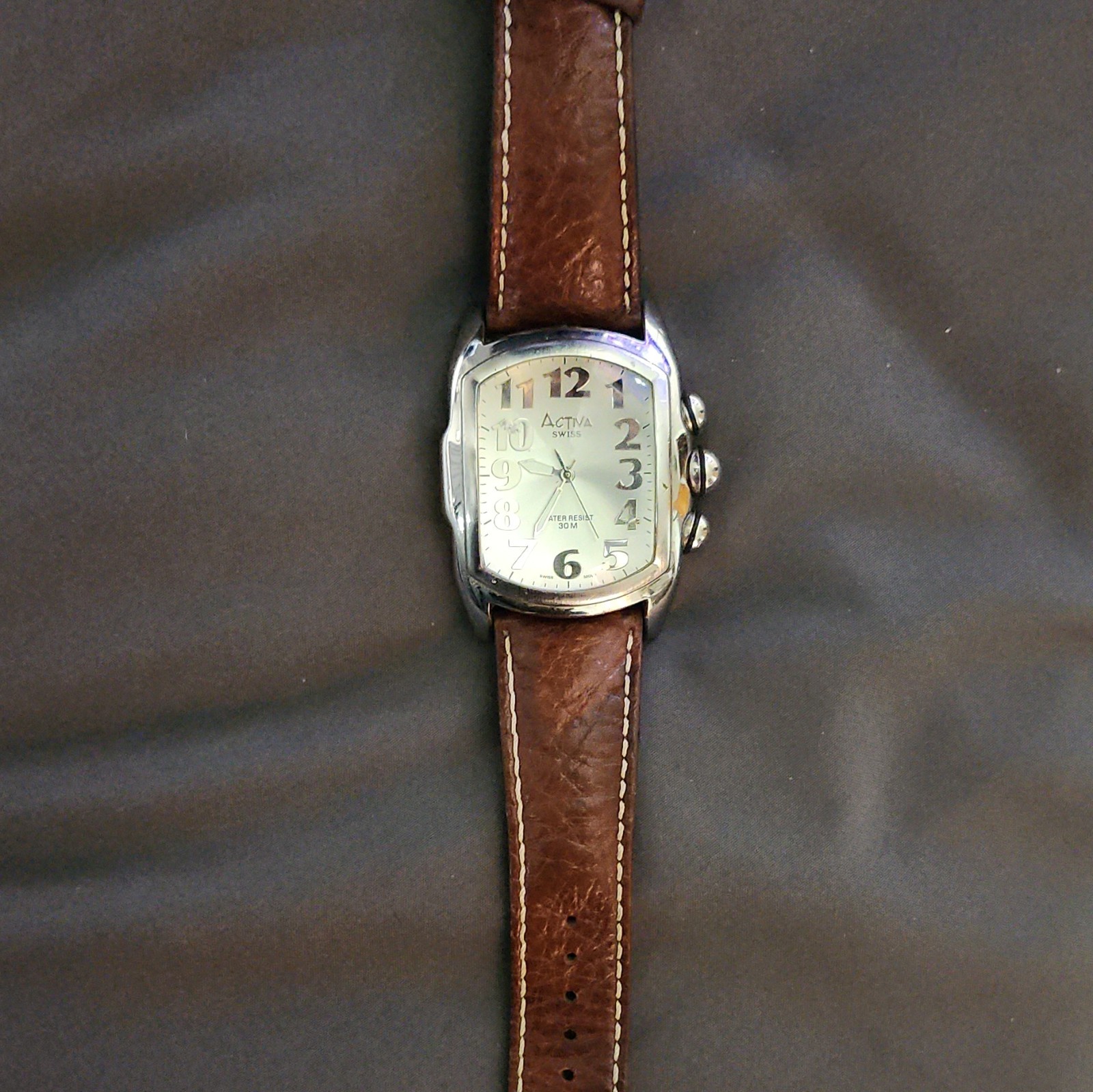 Activa Swiss Quartz 30m Tonneau SS Silver Dial Brown Leather Strap Arabic