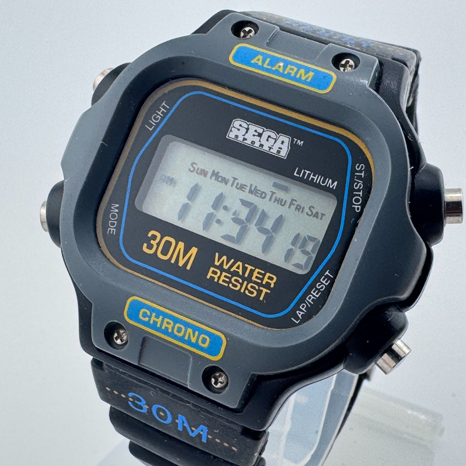 Vintage SEGA Sports Digital Watch Men 50m Black Gray Alarm Chrono New Battery