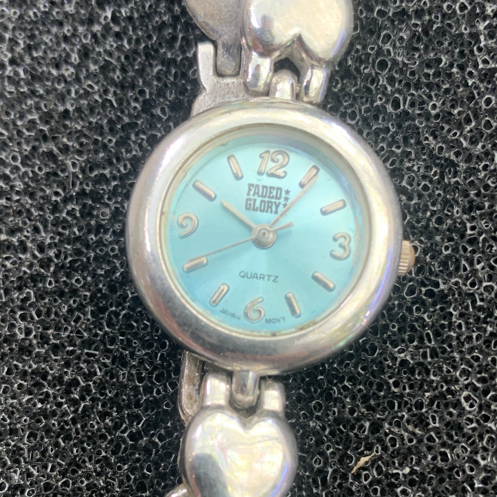 Faded Glory Quartz Analog Blue Dial Silver Tone Heart Link Bracelet Watch