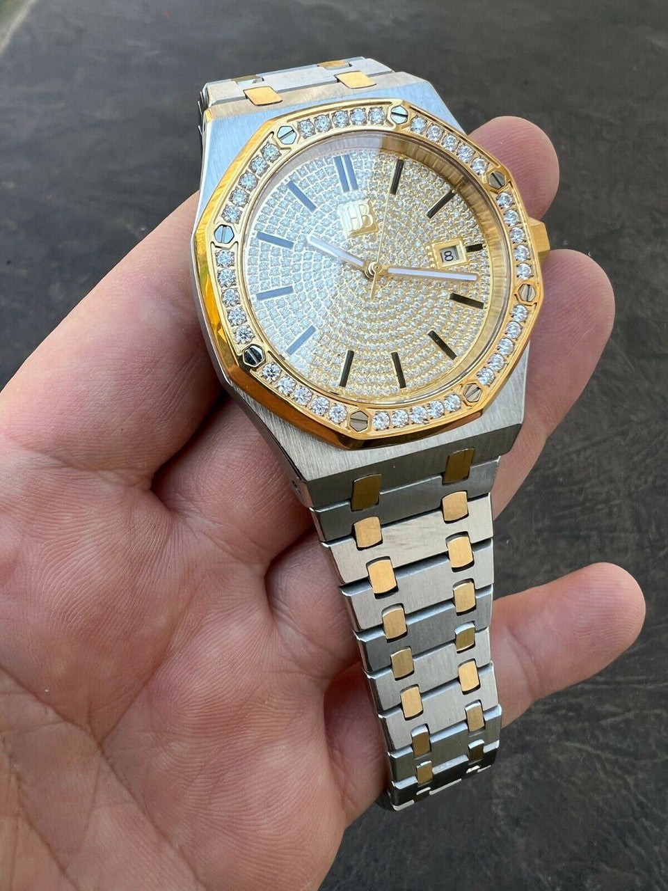 Mens Gold Watch Iced Automatic Skeleton Back Gold 44mm Moissanite Stone Bezel