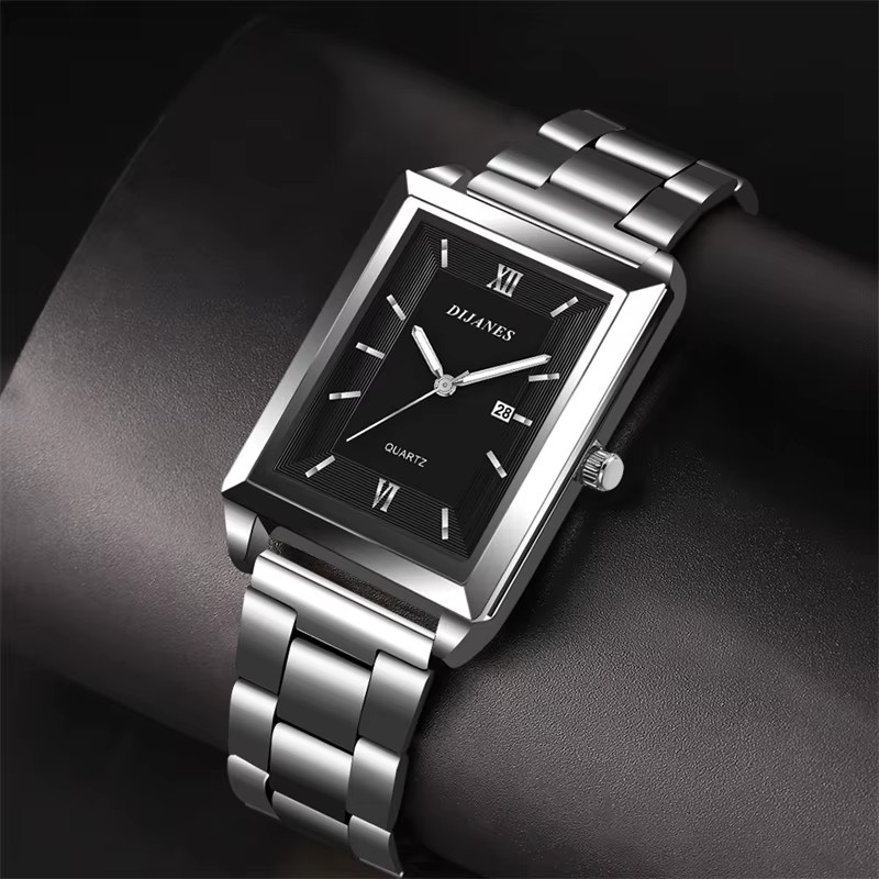 Men’s Stainless Steel Quartz Business Watch with Casual Leather Band