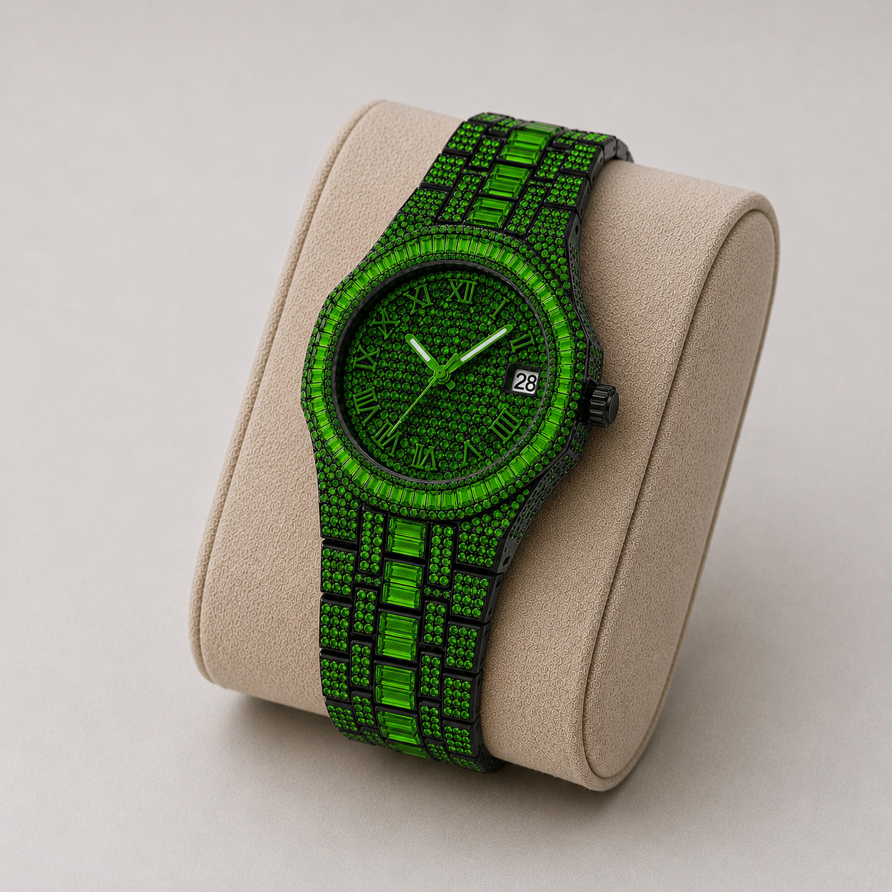 Mens Iced Out Green Baguette CZ Crystal Watch Black Hip Hop Quartz Date 39mm