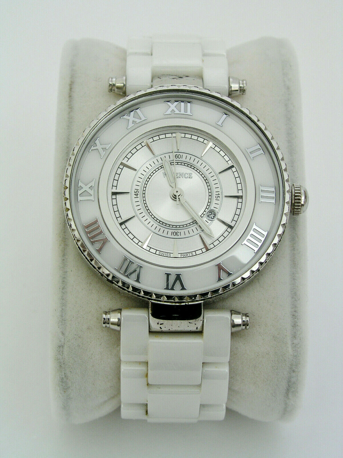 VICENCE WHITE CERAMIC BAND WATCH w/ ROMAN NUMERALS .925 STERLING SILVER CASE