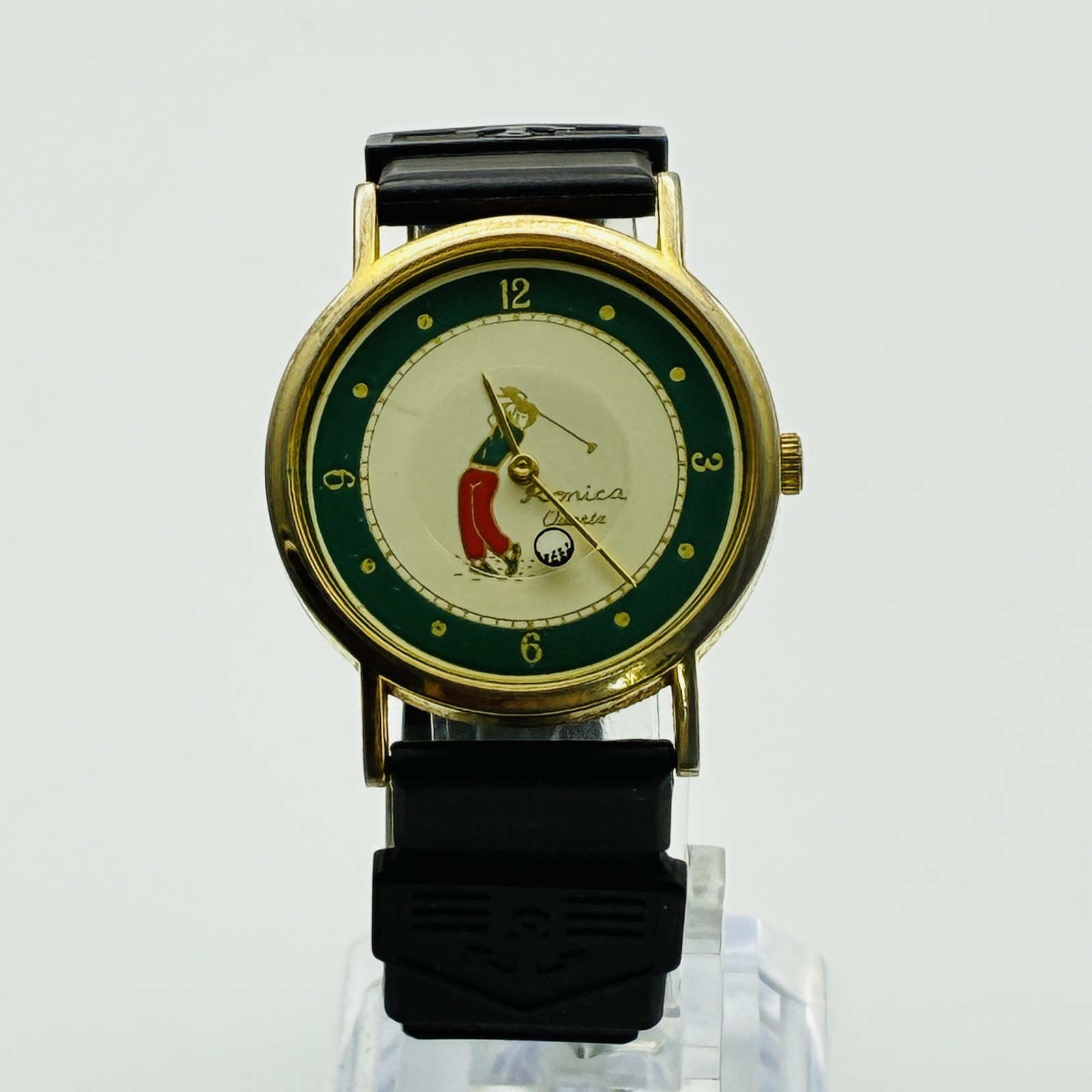 Vintage RONICA Watch Mens Golf Dial Green White Gold Tone Black Rubber Quartz