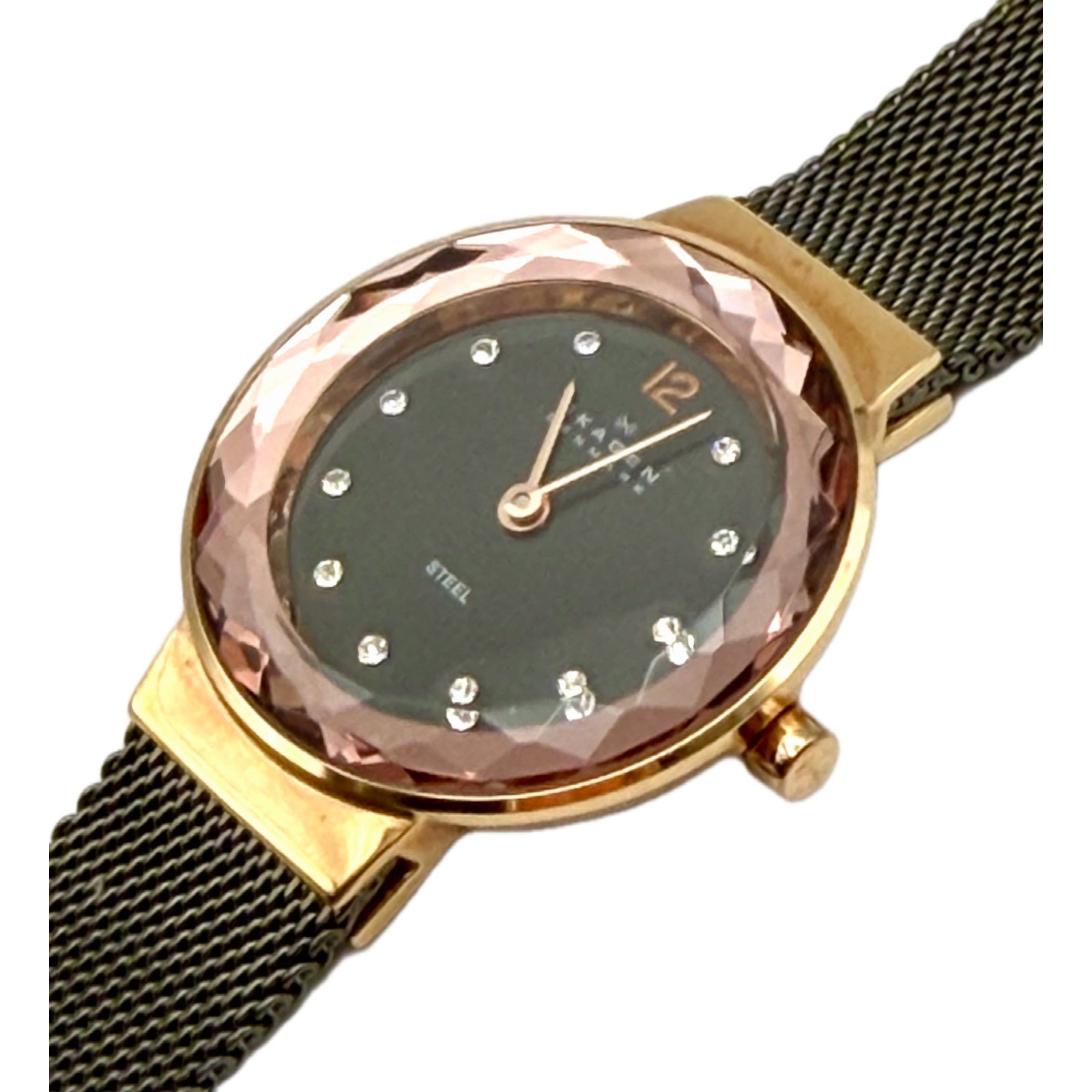 Skagen Leonora 456SRM Womens Quartz Watch Faceted Pink Crystal Grey Mesh Steel