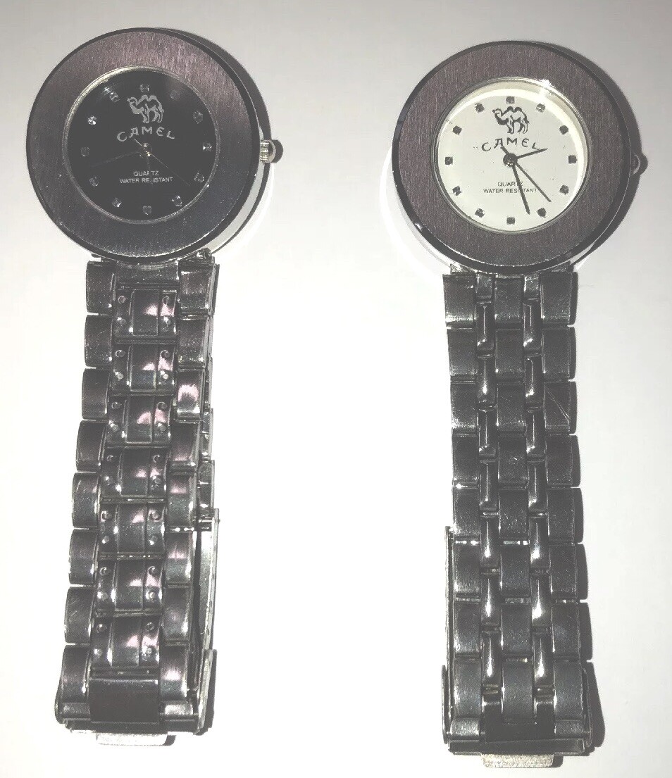 2 Camel Watch Mens Metal Band New Old Stock Needs Battery Pair White Black Face