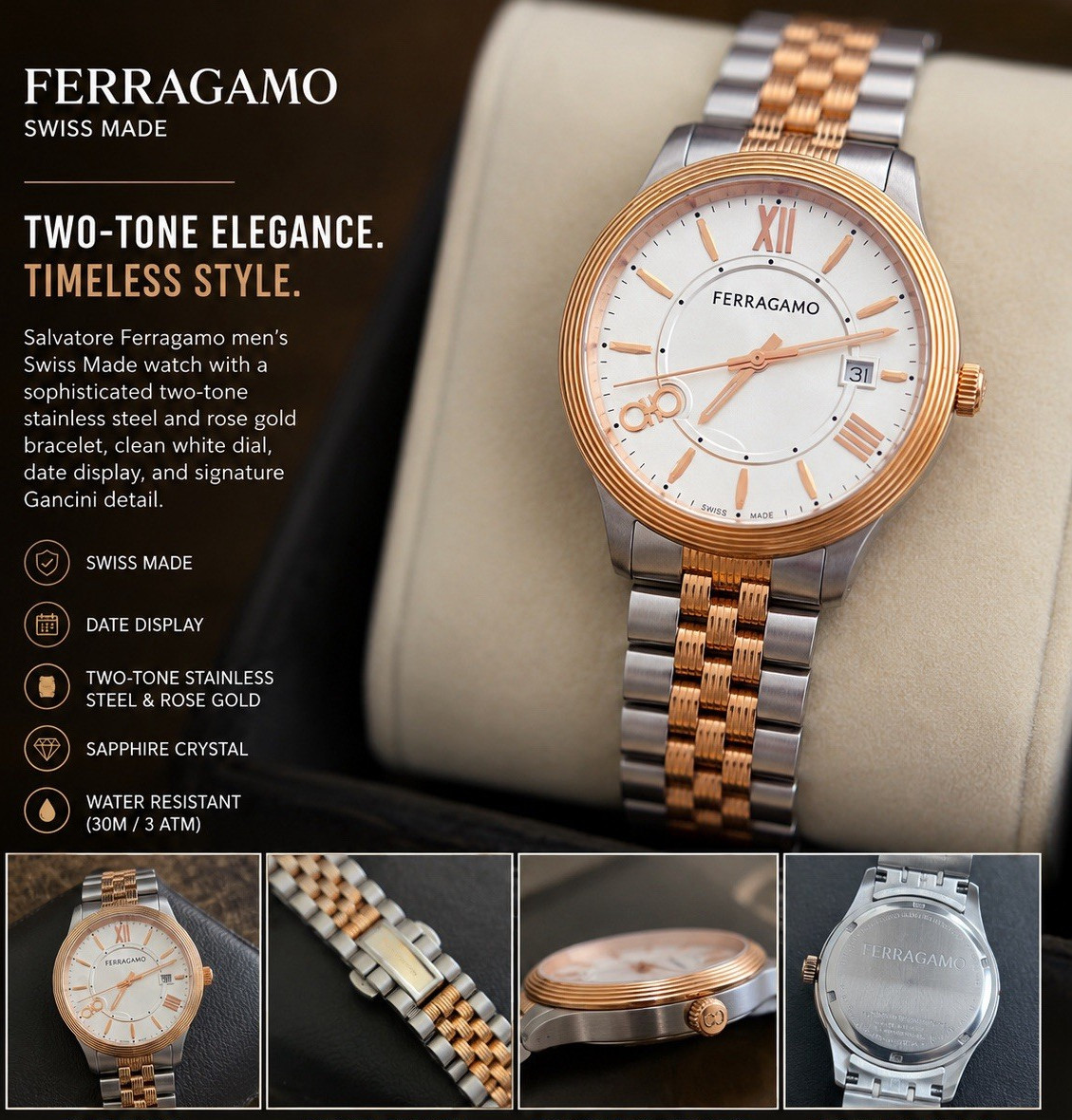 Salvatore Ferragamo Gancini Men’s Swiss Quartz Two-Tone Date Sapphire 30m 43mm