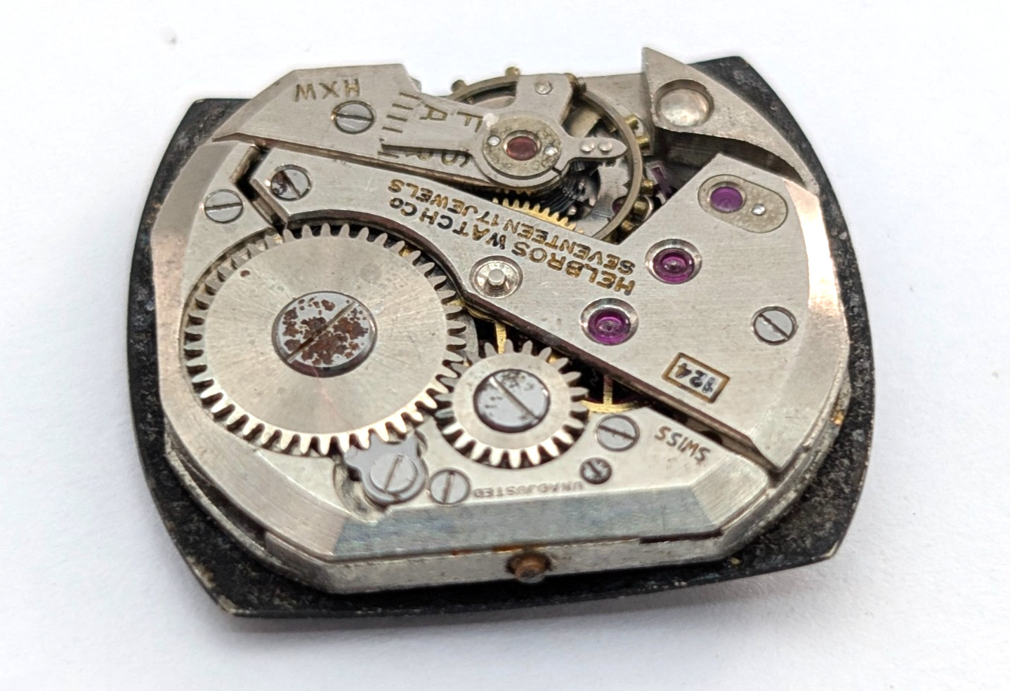 Vintage HELBROS 124 17j Black Dial Men’s 19mm Swiss Watch Movement PARTS REPAIR