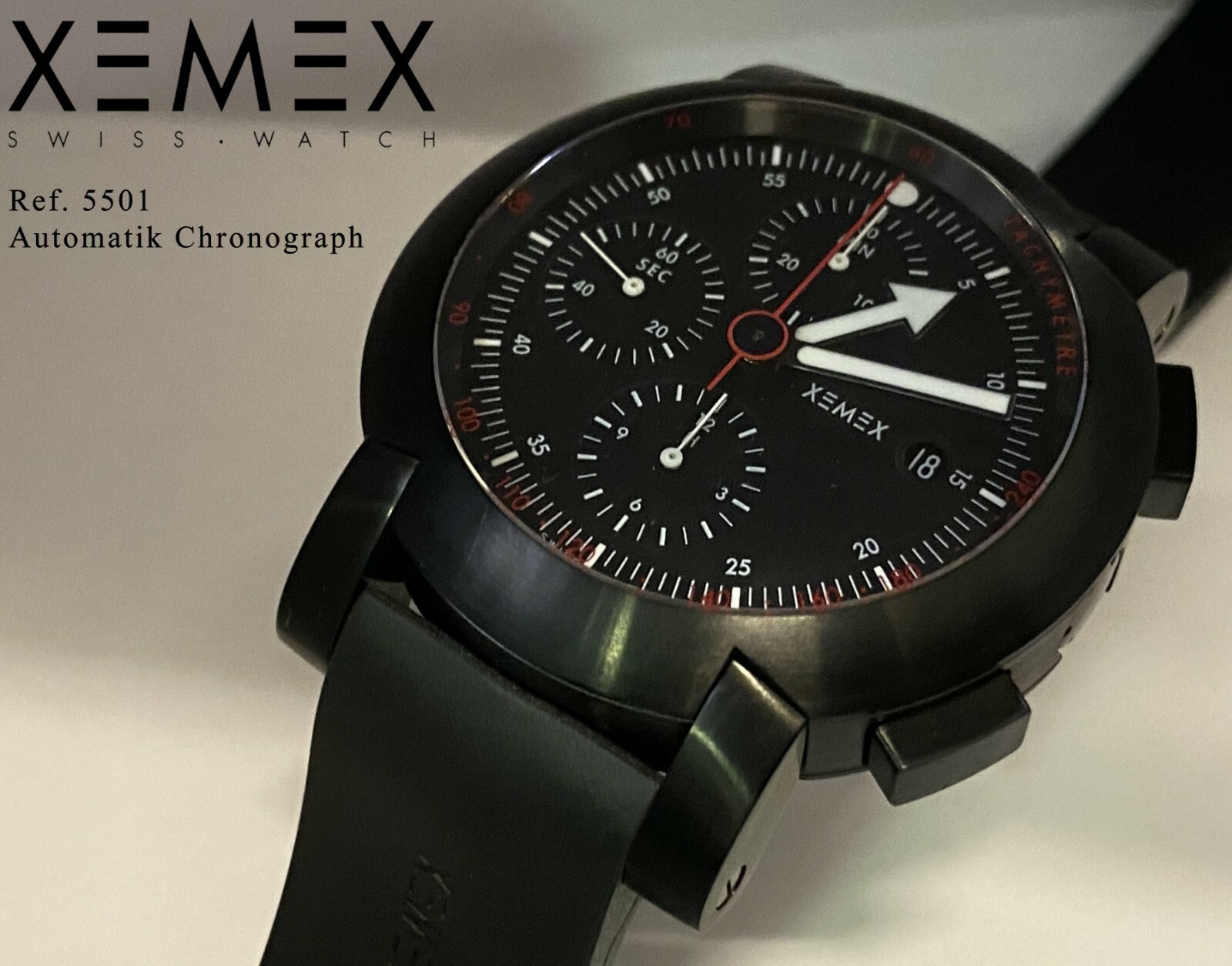 Xemex Men’s Watch SPEEDWAY Automatic Chronograph Swiss Made Ref. 5501 Black 44mm