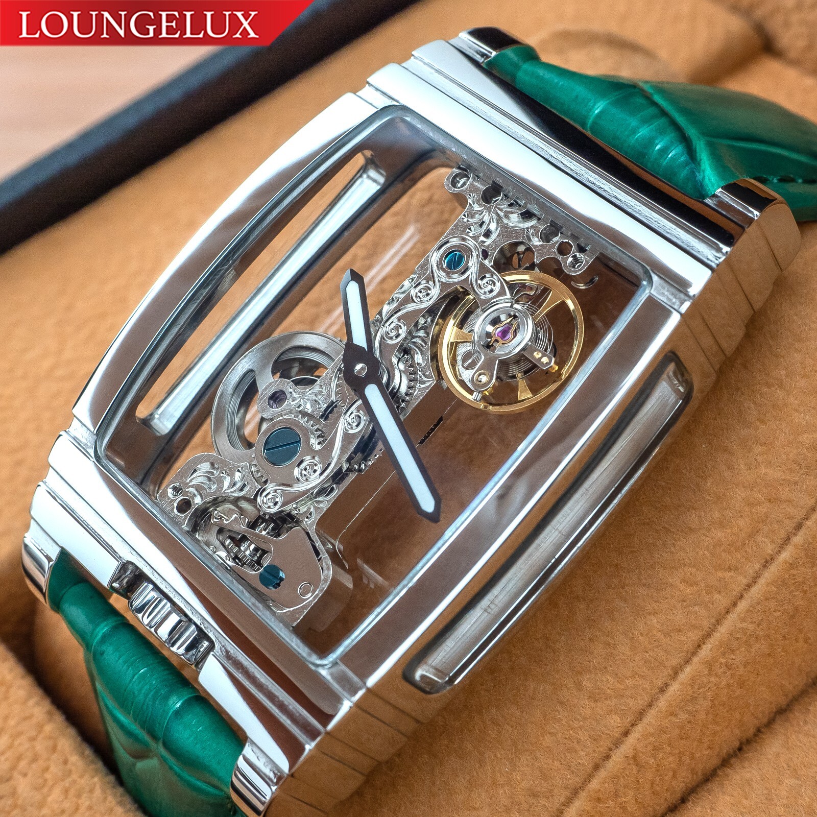 Mens Silver Bridge Manual Mechanical Watch – Green Leather Strap Gift