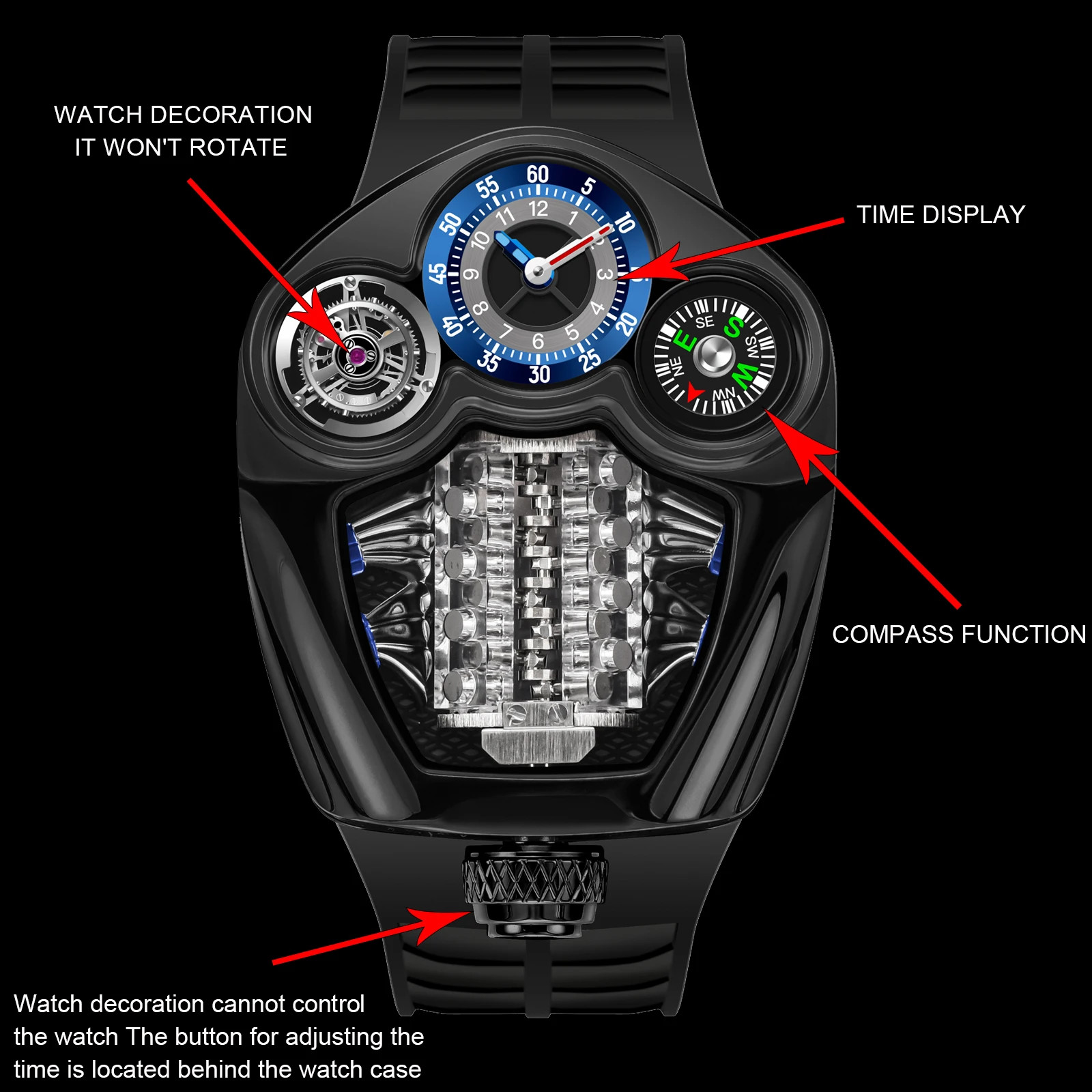 PINDU Engine Series Watch Men Compass Waterproof Swiss Quartz 762 Movement