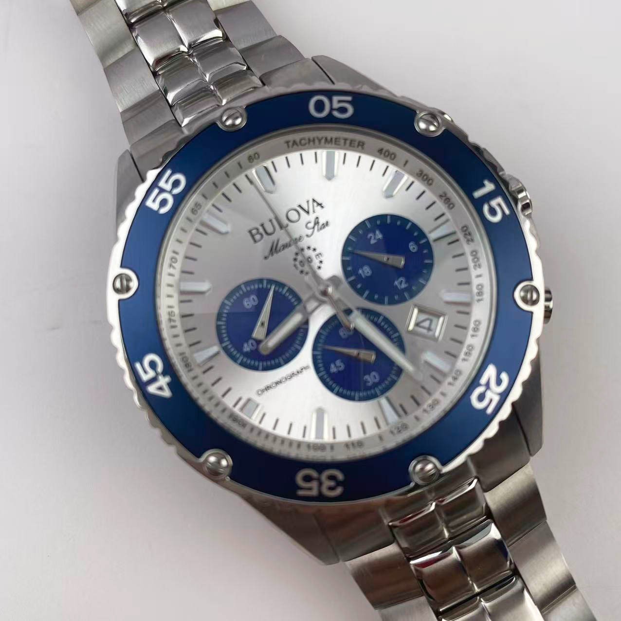 Bulova Marine Star 98B423 Silver Dial Stainless Steel Men’s Quartz Watch 41.5 mm
