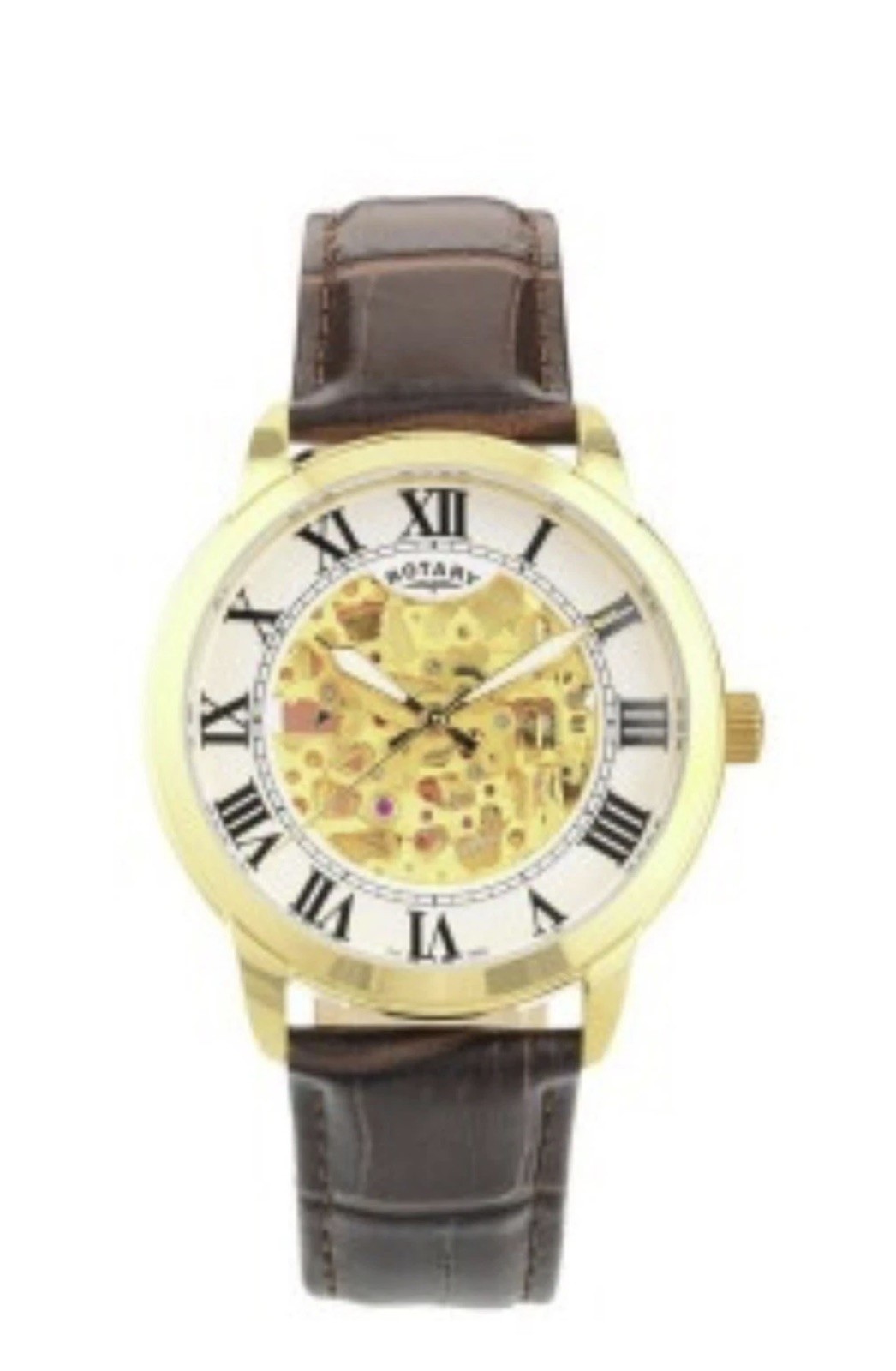 Men’s Rotary Gold tone Skeleton Watch Brown Leather Strap stainless steel