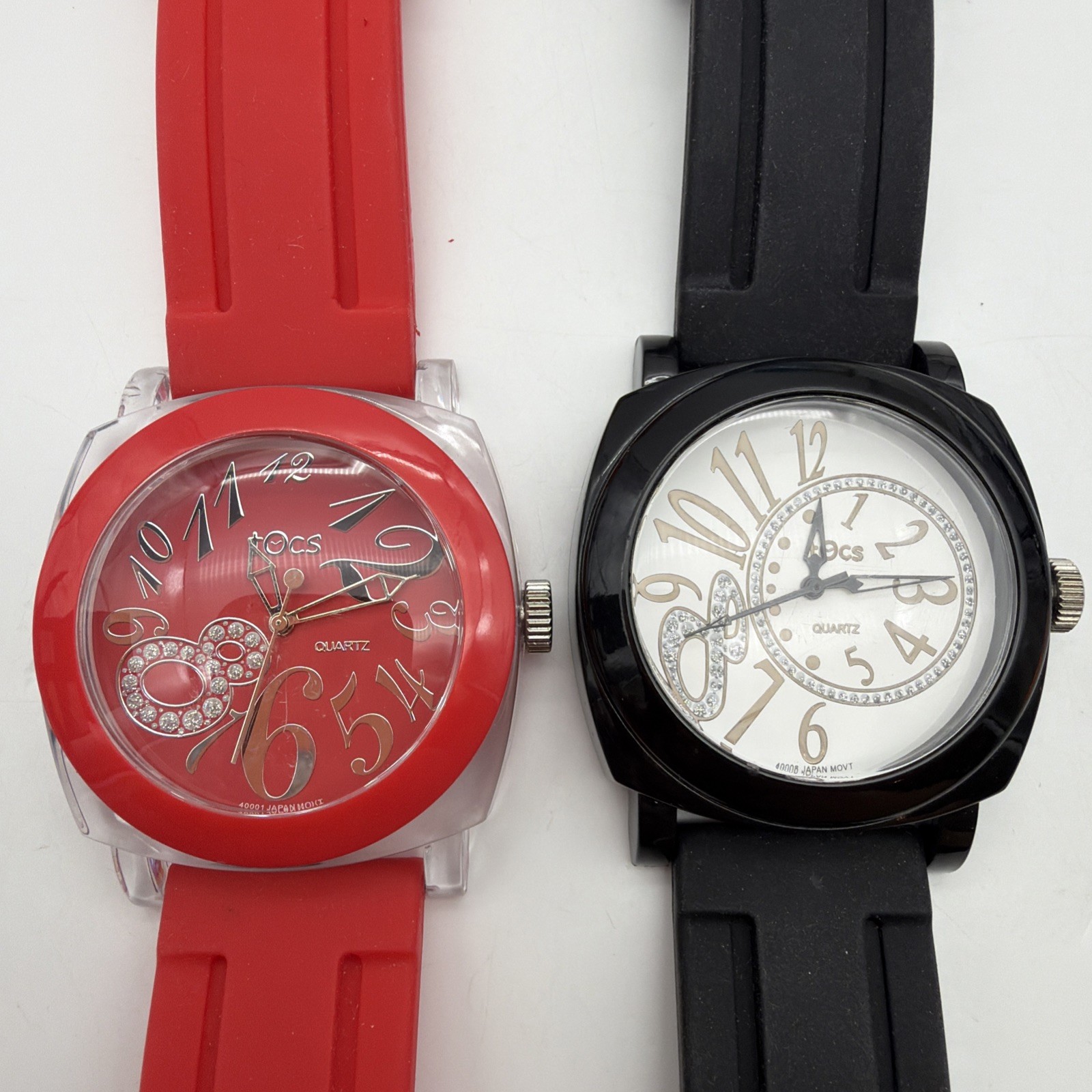 2x TOCS Watches Red and Clear Plastic And Black Quartz Women’s Oversized Watches