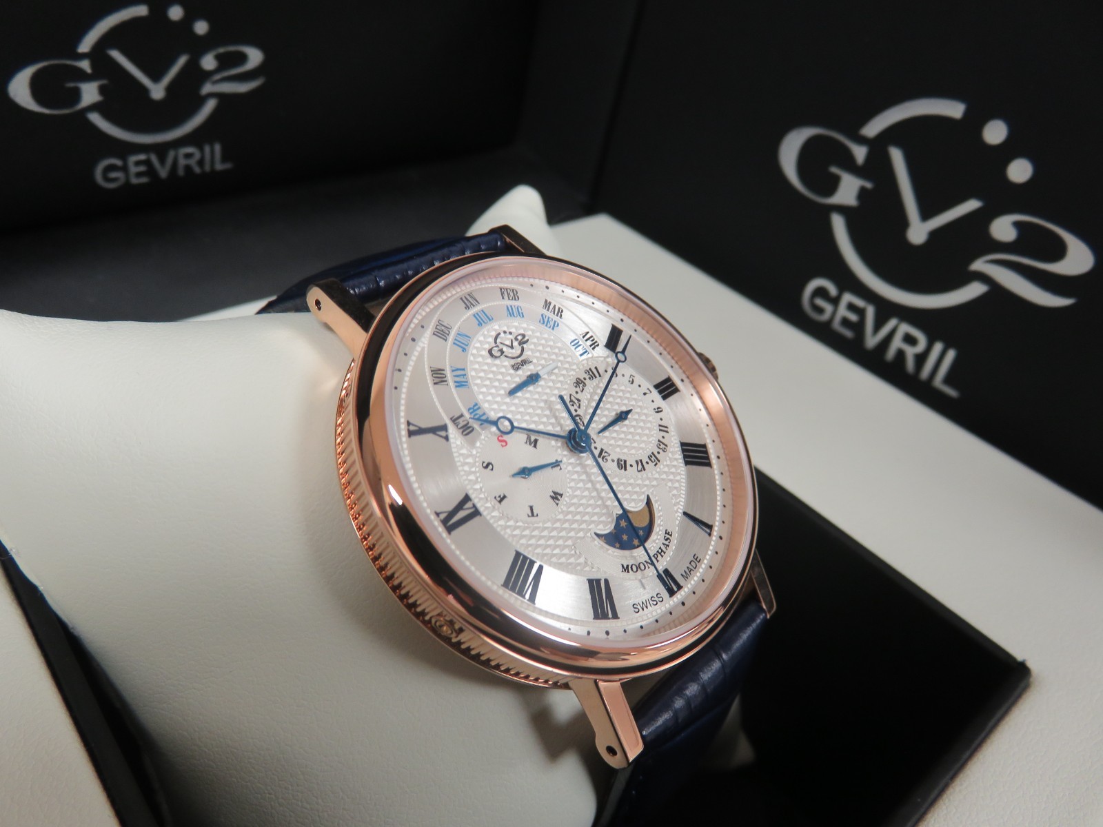 GV2 By Gevril Men’s 43603 Maestro Month Day Date Moon Phase Blue Leather Watch