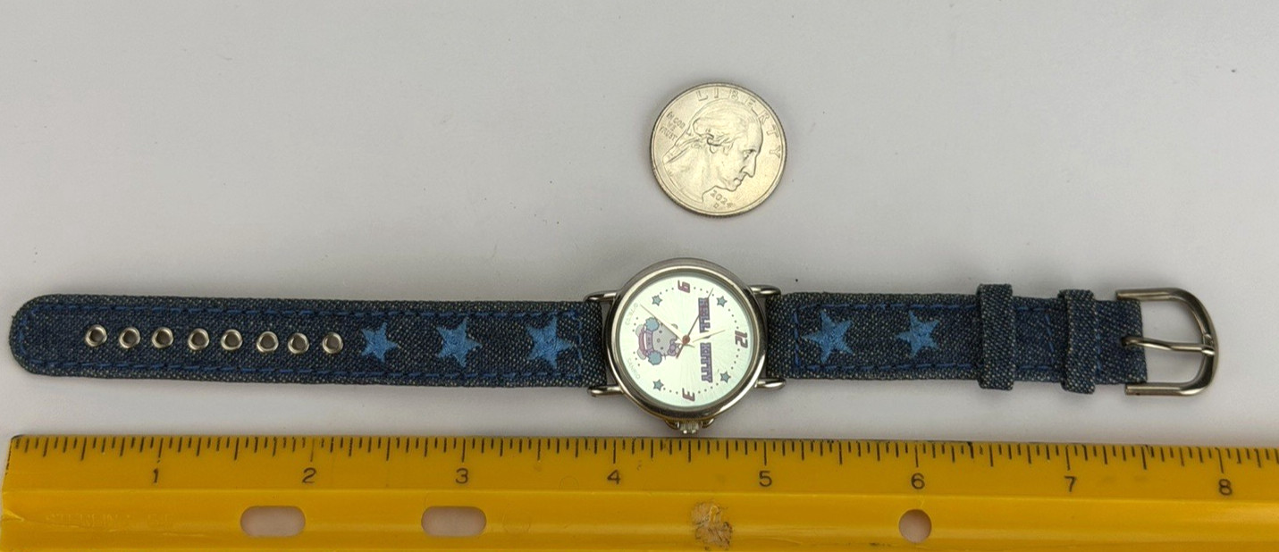 Hello Kitty Sanrio Silver Tone Cheerleader Watch w Denim Band NEW BATT