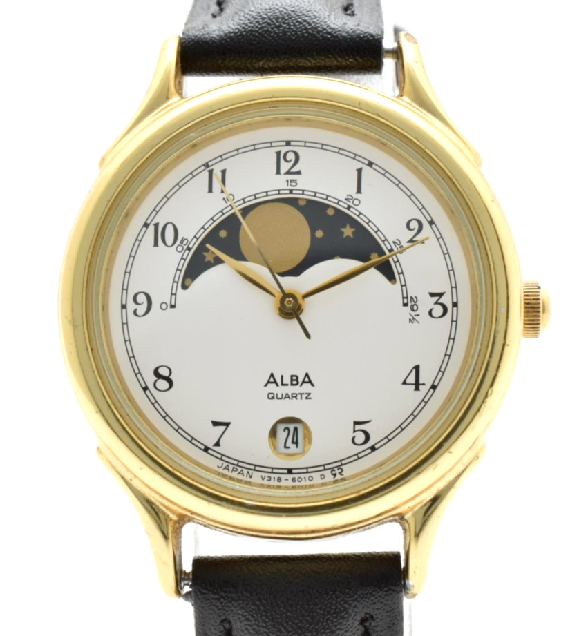 【Exc+5】 SEIKO ALBA V318-6010 Moon Gold Date 28mm Quartz Watch From JAPAN