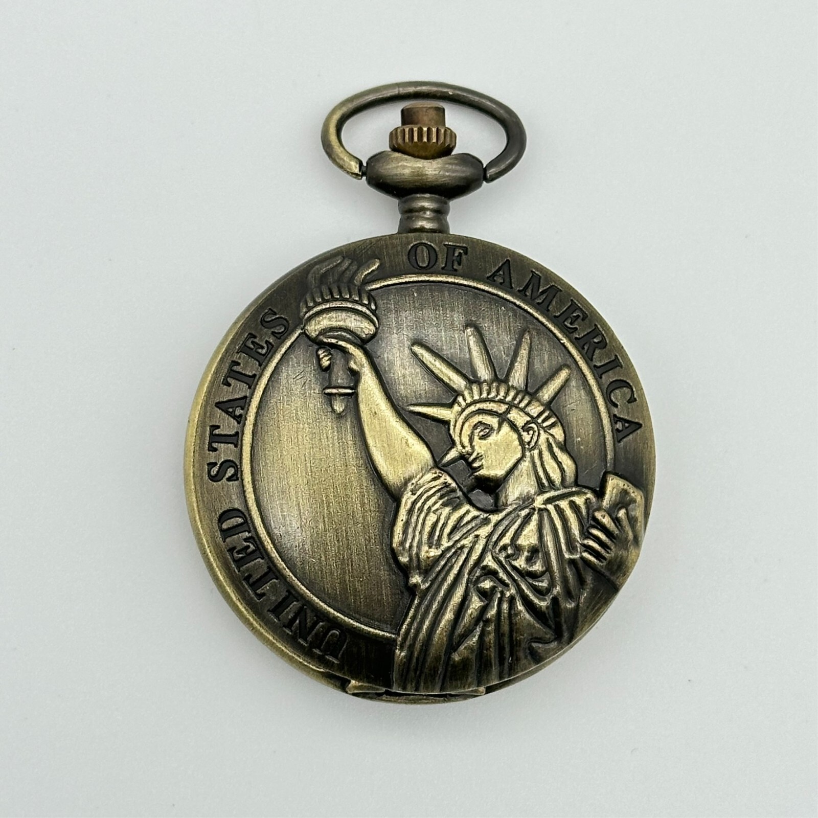 Burnished Gold Tone Statue of Liberty United States of America Pocket Watch 47mm