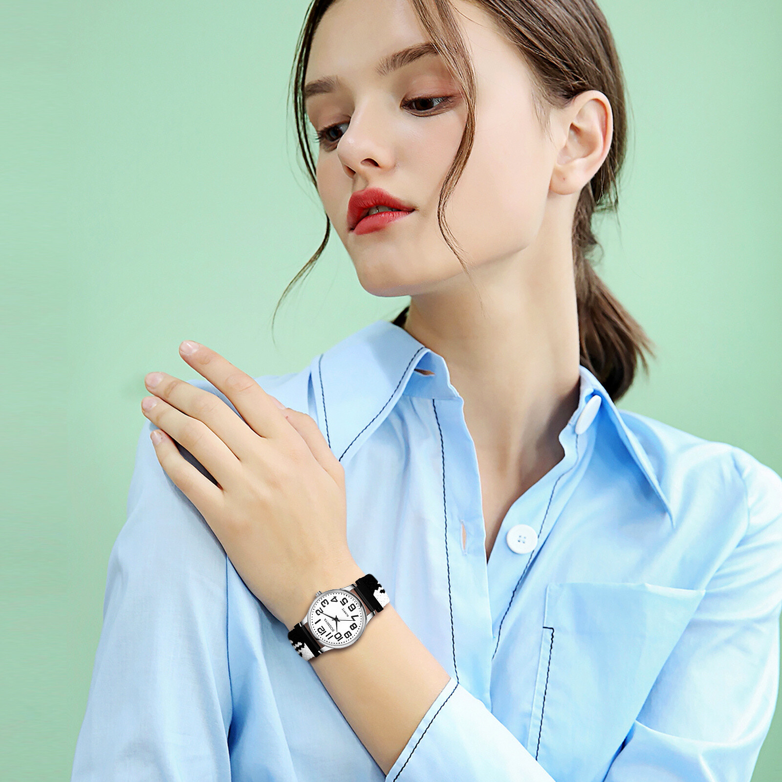 Women Men Elastic Braided Band Large Round Dial Easy Reader Analog Quartz Watch