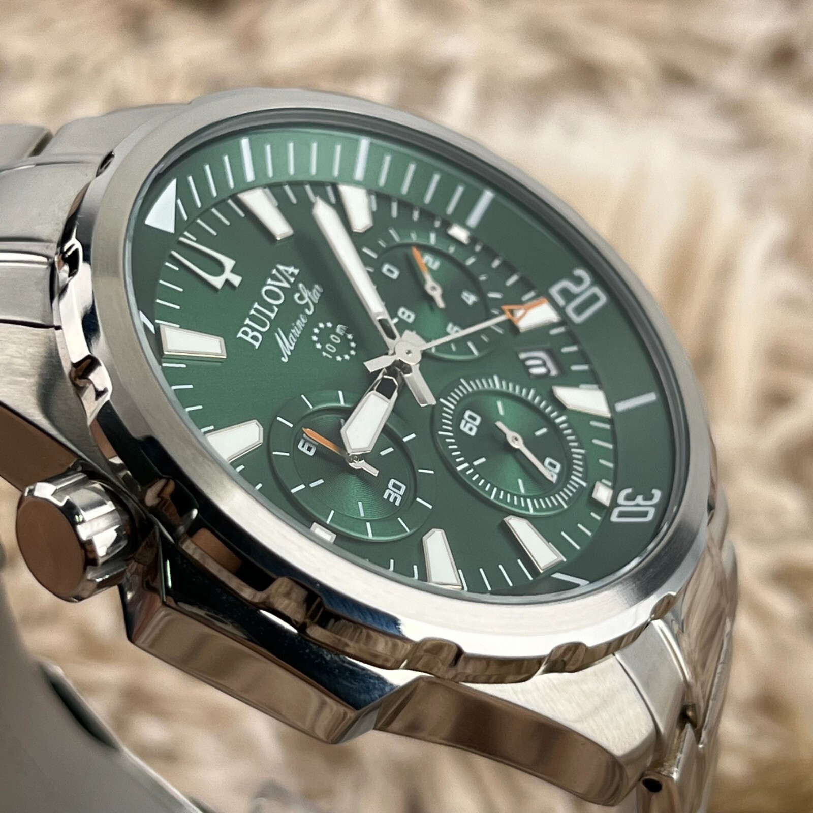 Bulova Marine Star Green Dial Chronograph Stainless Steel Men’s Watch 96B396