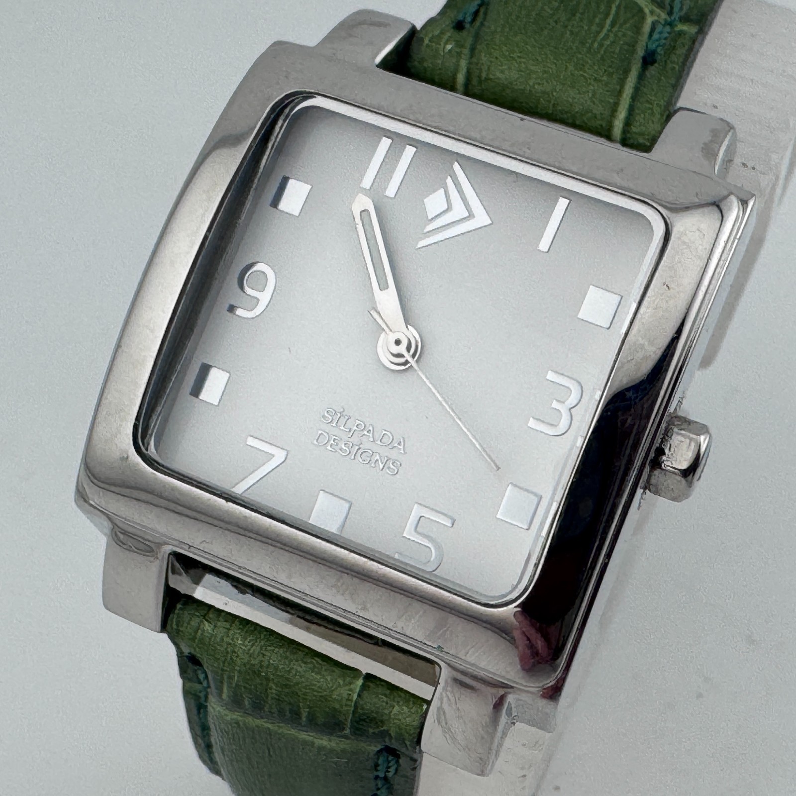 Vintage Sipada Quartz Watch Women Silver Square Green Leather Analog New Battery