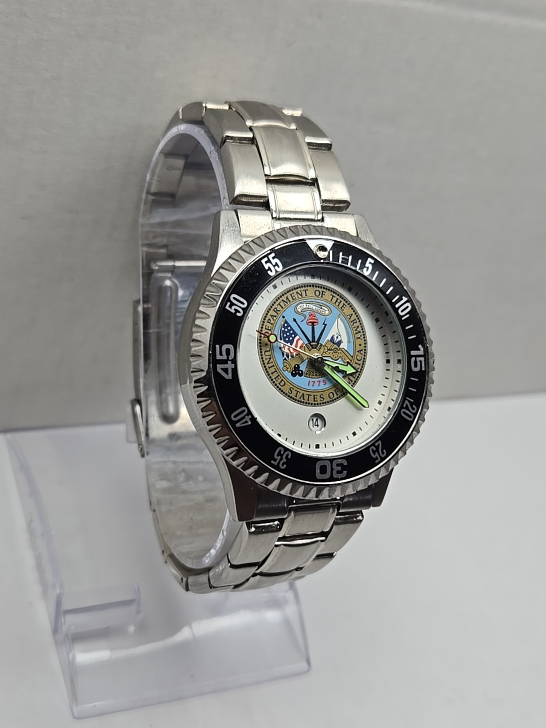 Sun Time US Army Dept Seal Competitor Steel Watch Quartz Date New Battery Mens
