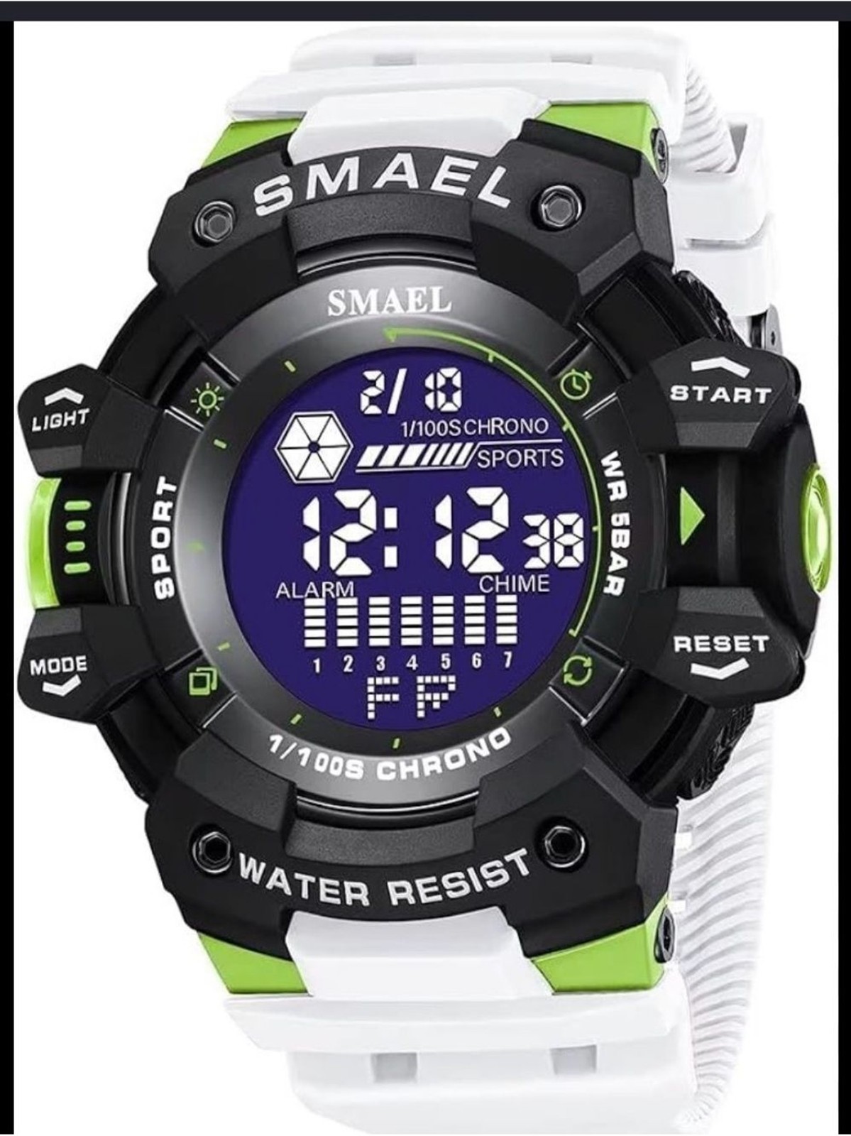 SMAEL Digital Sports Watch in White & Lime Green