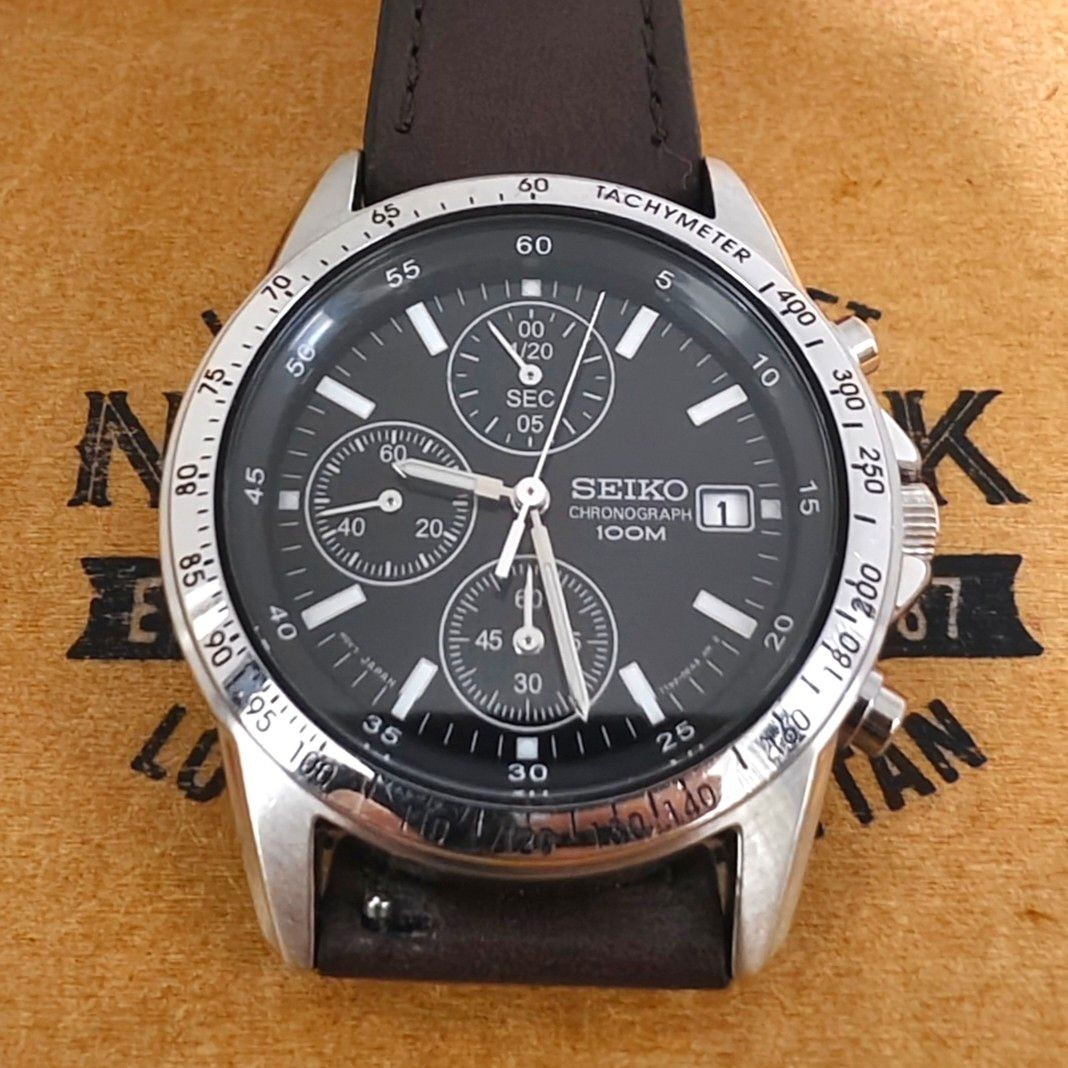 SEIKO Chronograph Black Dial Black Silver Men’s Wristwatch Tachymeter Military