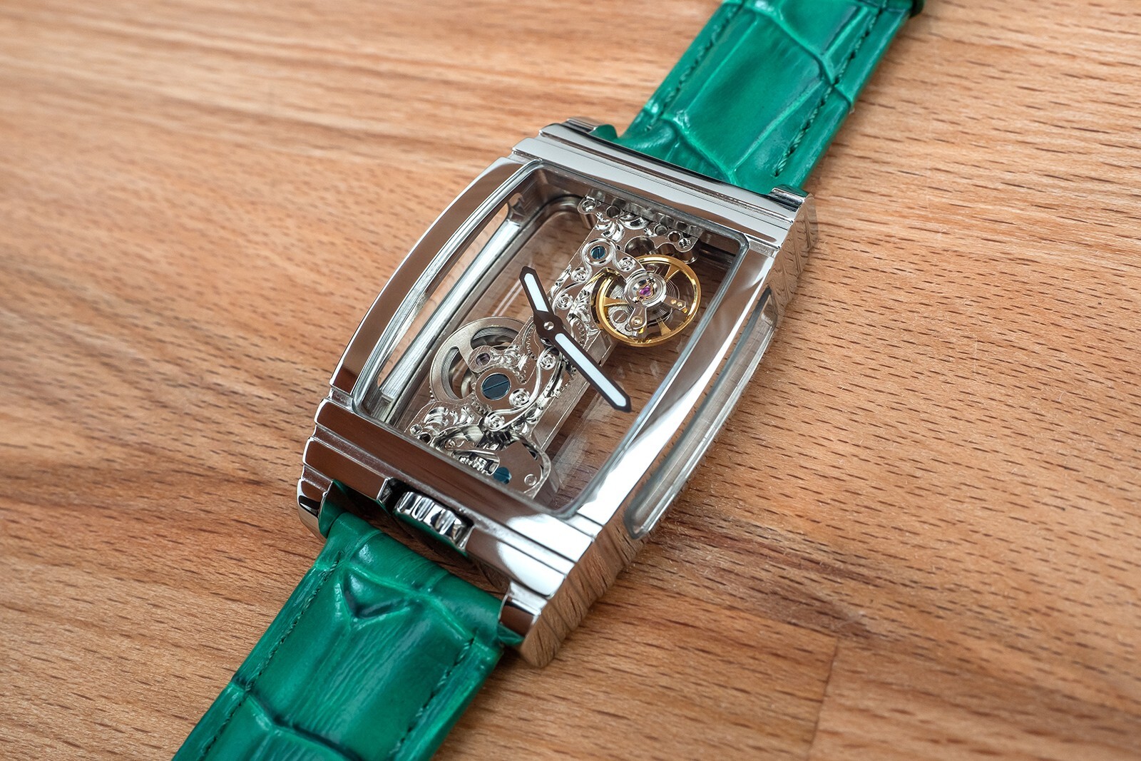 Mens Silver Bridge Manual Mechanical Watch – Green Leather Strap Gift