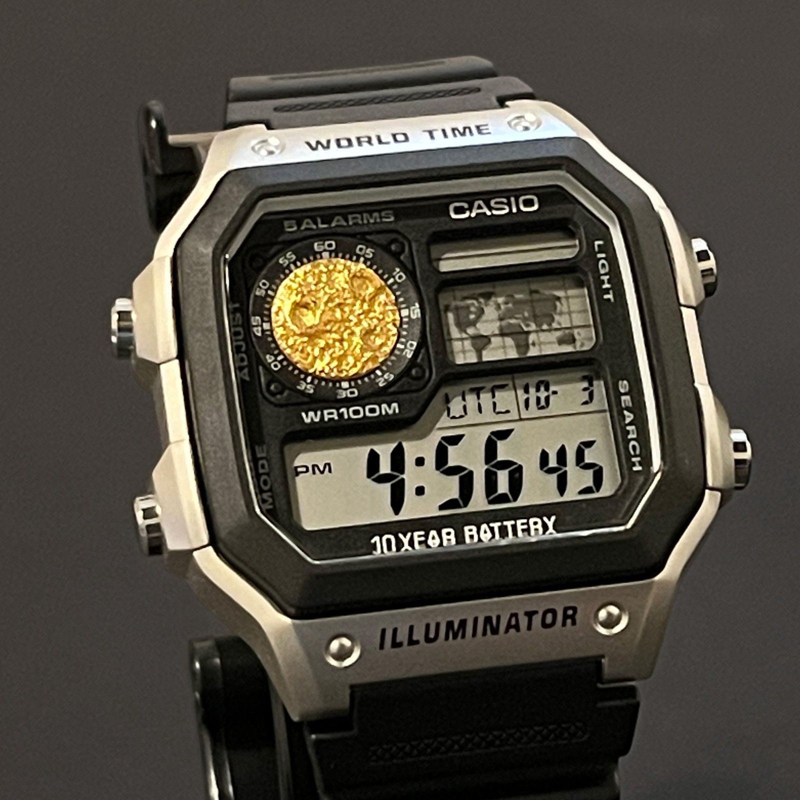 Casio AE1200 Royale 24K Gold Leaf Moon Sculpture Handmade Mod Watch Silver Case