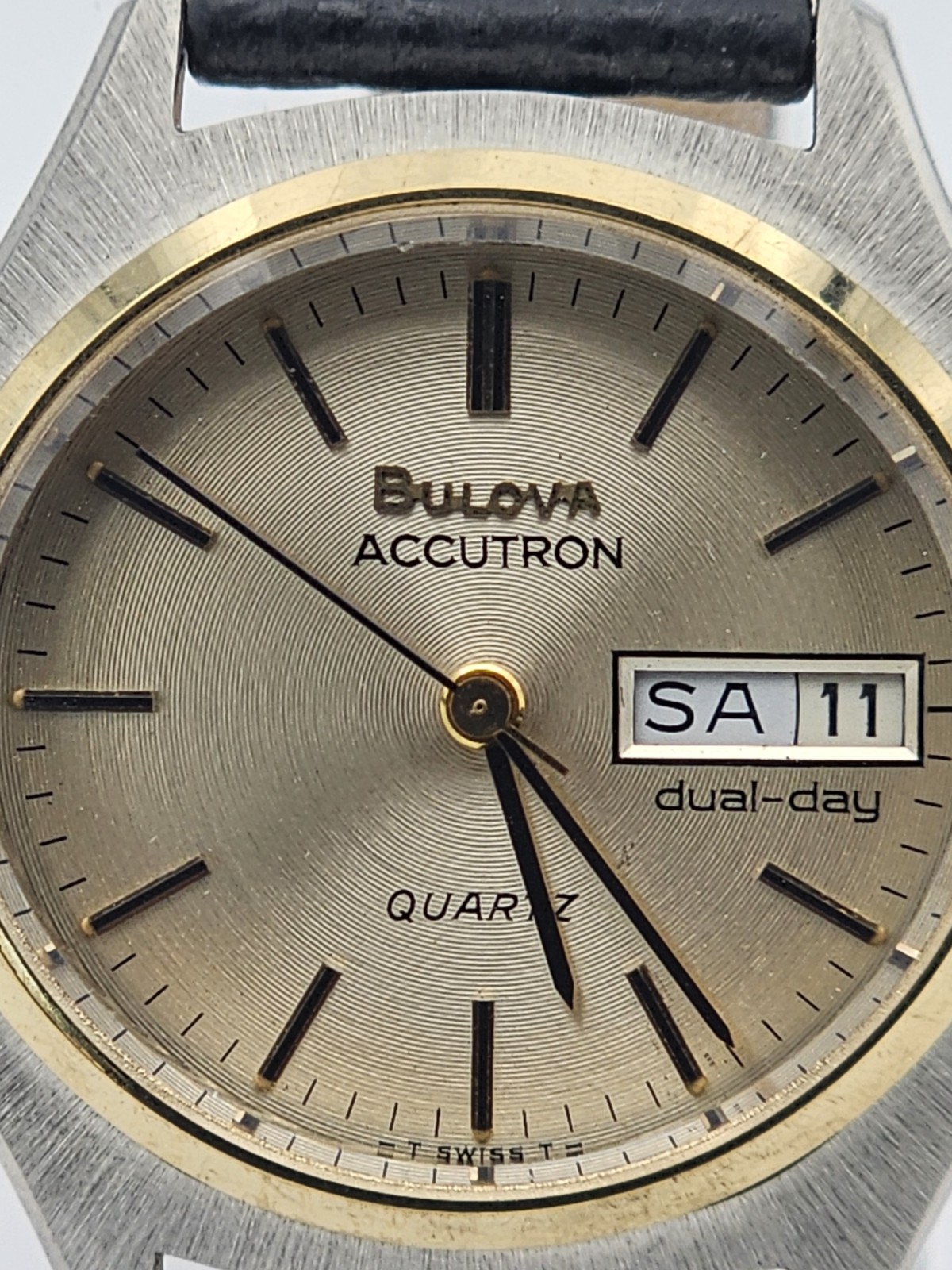 Bulova Accutron Dual-Day Quartz Day/Date Silver Dial Black Leather 35mm