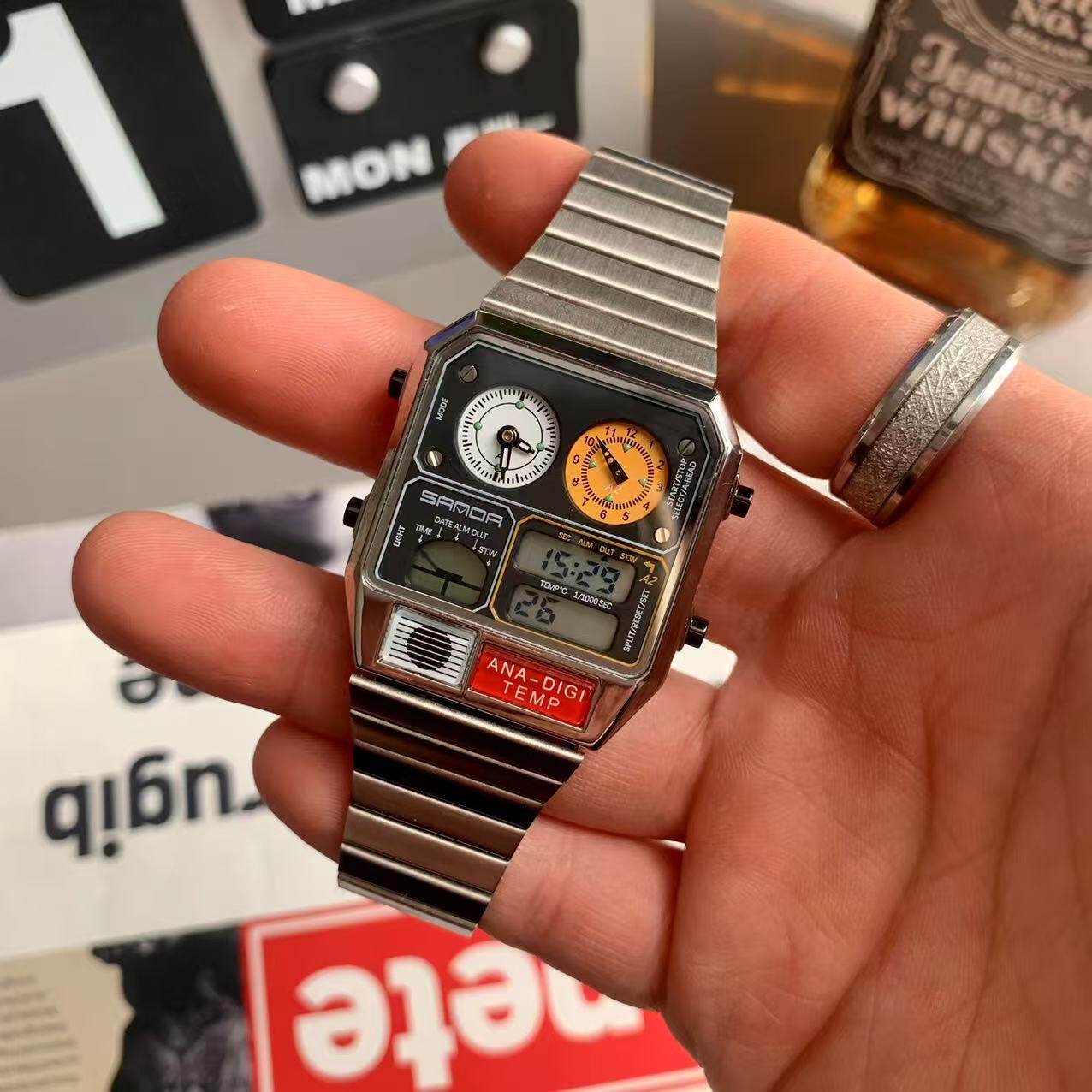 Retro Thin Square Sports Watch Luminous Alarm Waterproof Stainless Steel Band