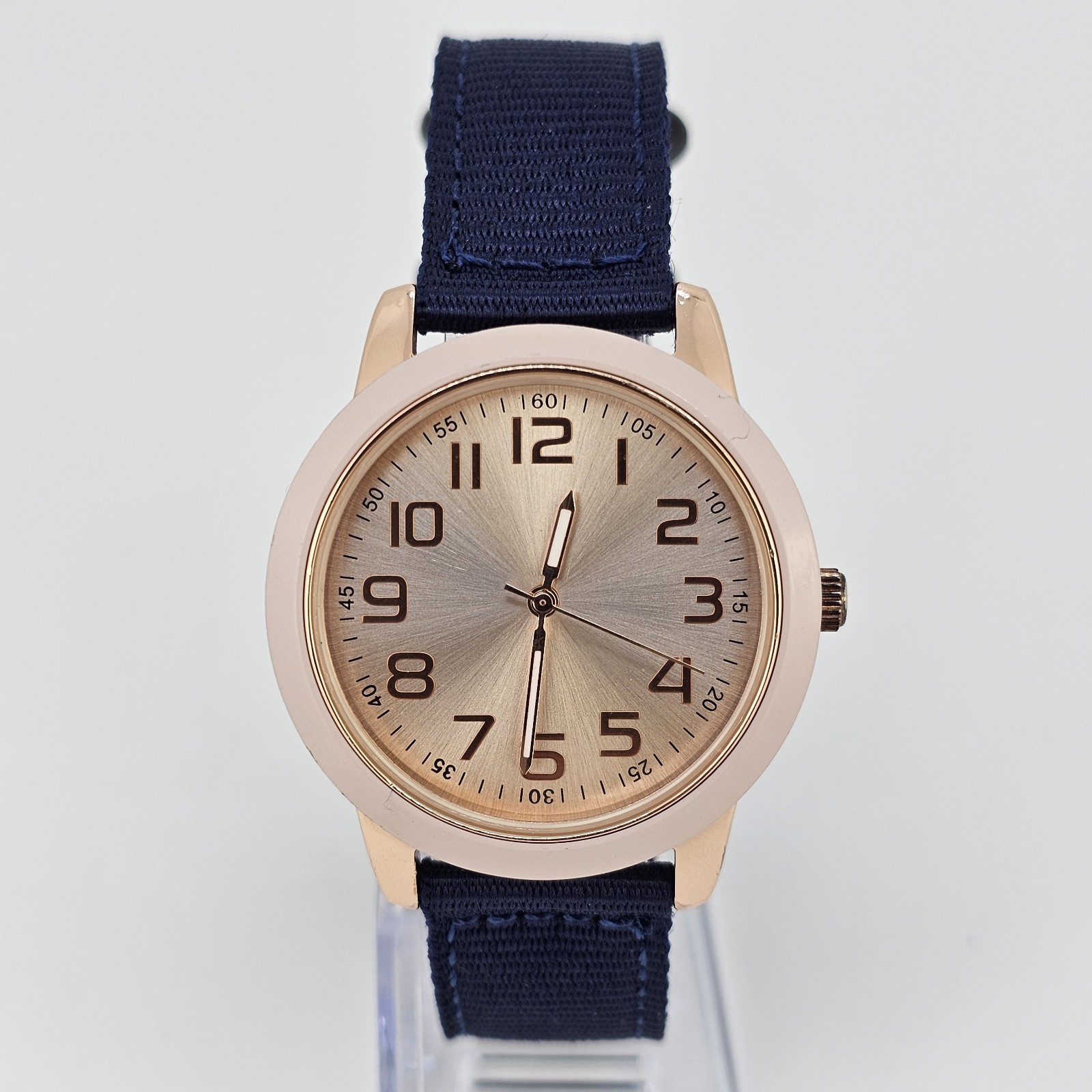 38MM Women’s Analog Watch Gold Dial NEW Dark Blue Nylon Canvas Bands NEW Battery