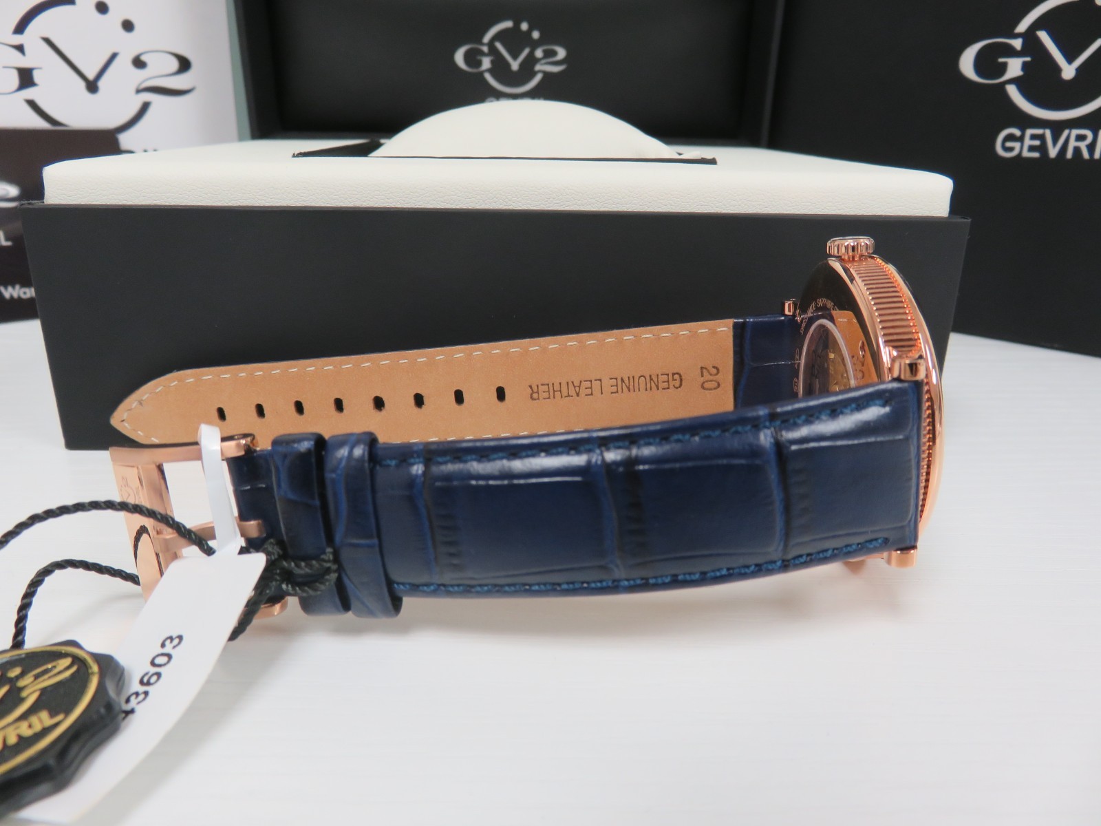 GV2 By Gevril Men’s 43603 Maestro Month Day Date Moon Phase Blue Leather Watch