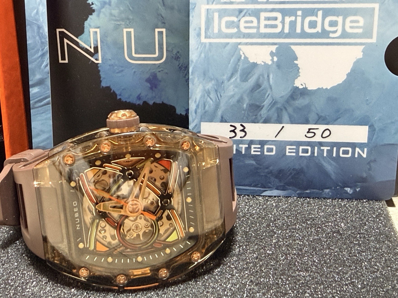 Nubeo IceBridge Limited Edition Skeleton Automatic Watch Brown Rubber Strap