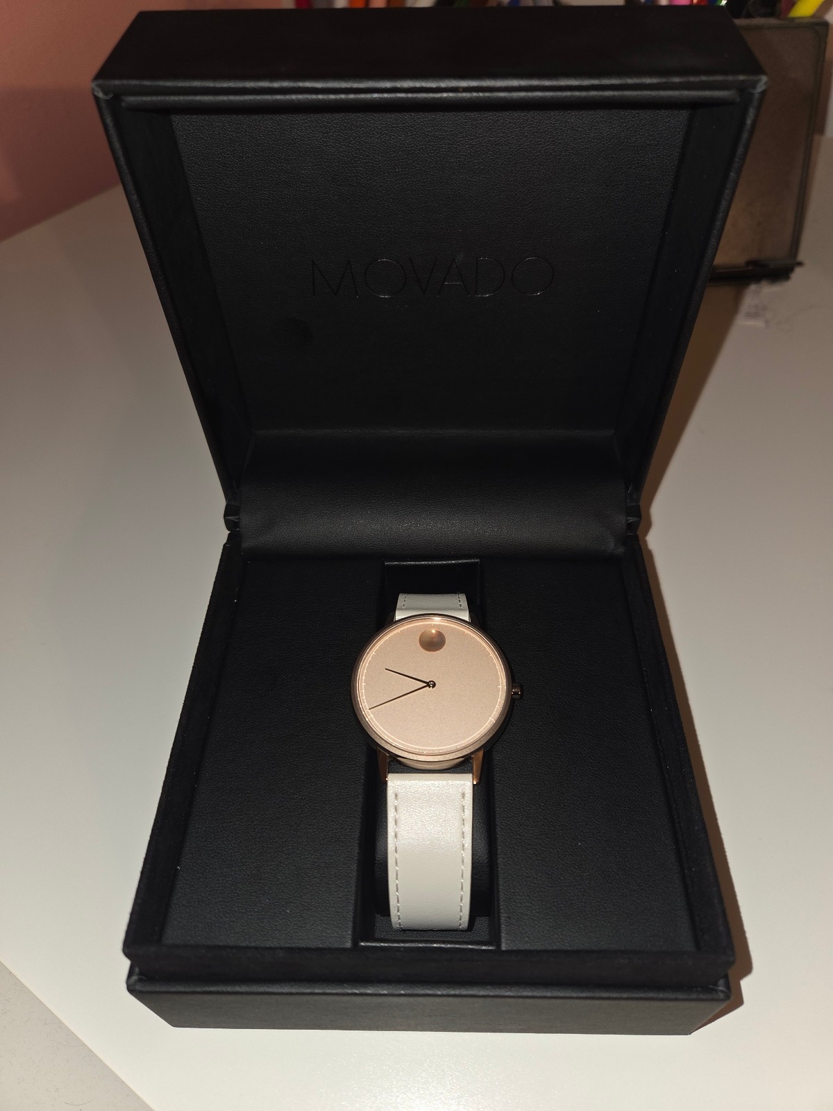 Movado Face | 41mm Rose Gold Stainless Steel Case, Ivory Dial, Leather strap