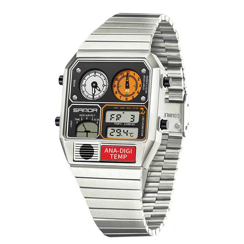 Retro Thin Square Sports Watch Luminous Alarm Waterproof Stainless Steel Band